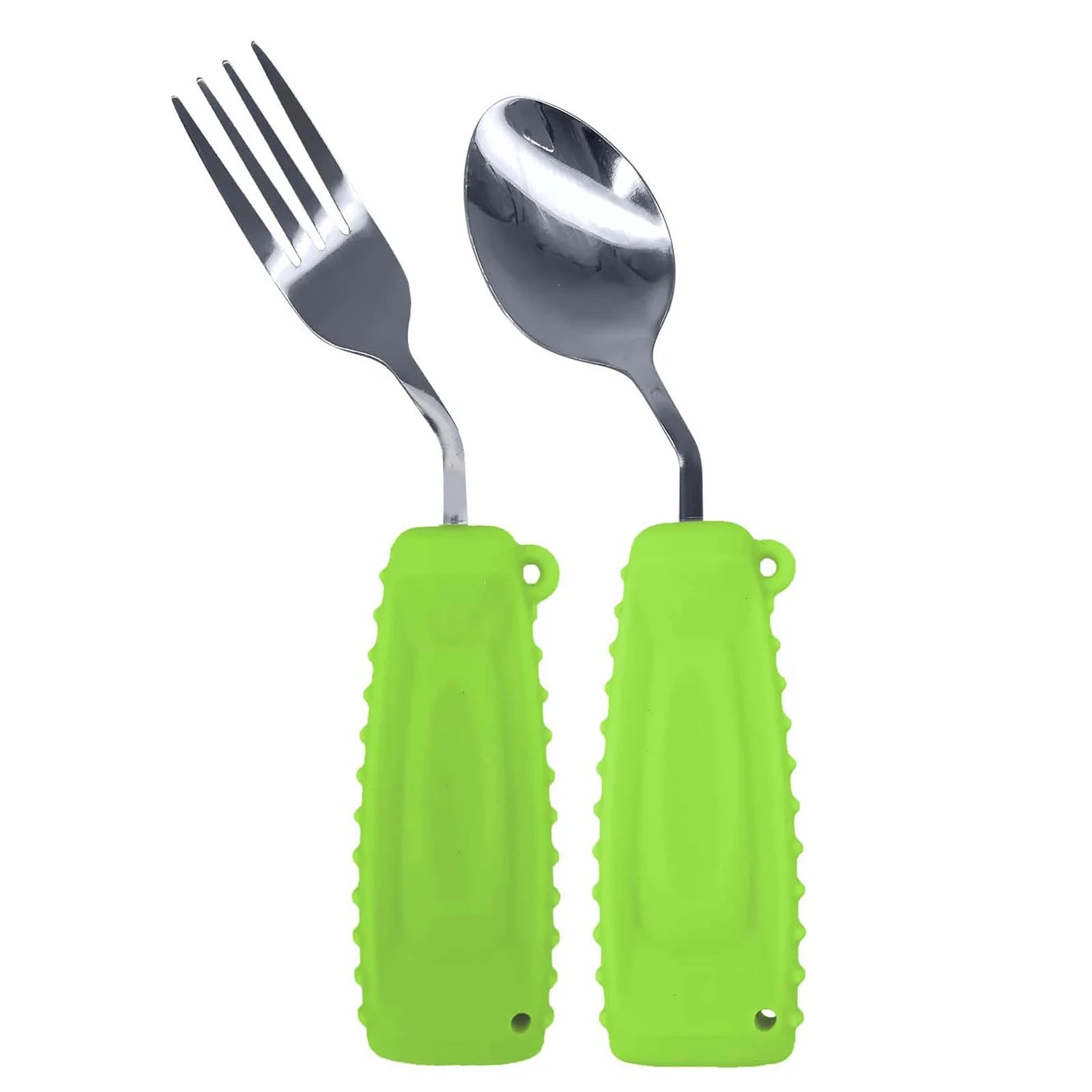 EZ Assistive Adaptive Utensils Spoon & Fork Easy to Hold for Independent Eating, Weighted Utensils for Hand Tremors (Green Spoon & Fork Right Hand)