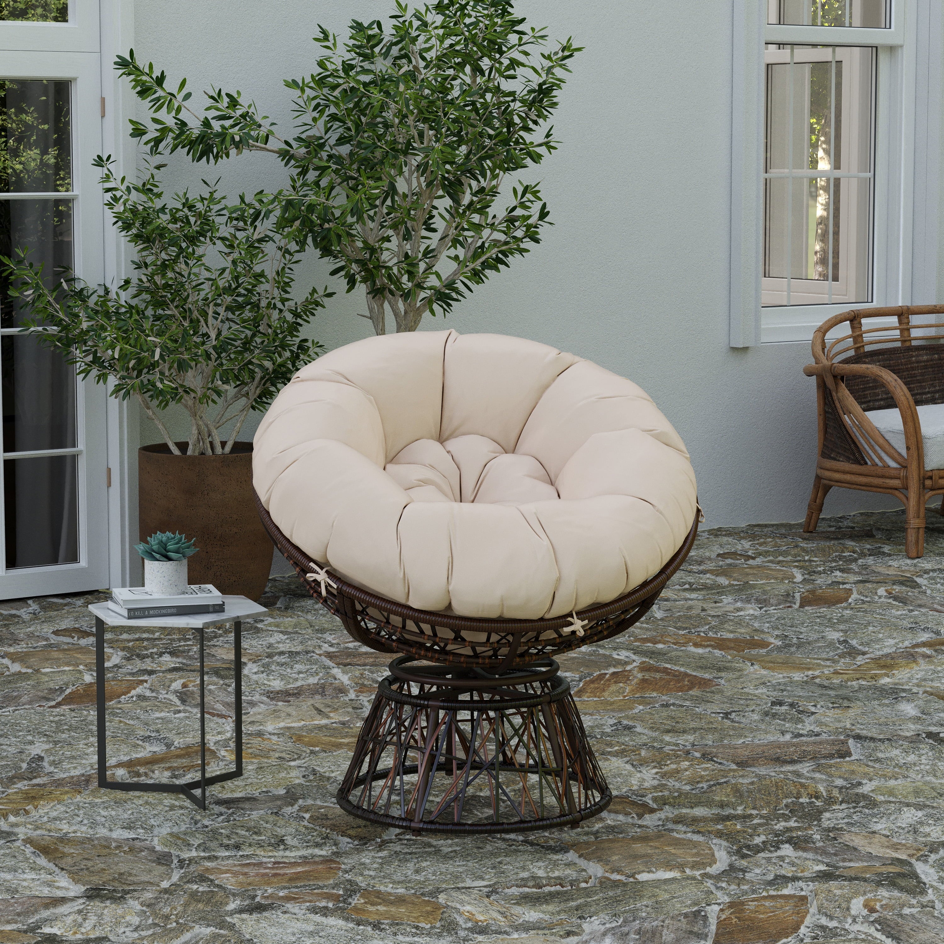 Merrick Lane Papasan Style Woven Wicker Swivel Patio Chair in Brown with Removable All-Weather Beige Cushion