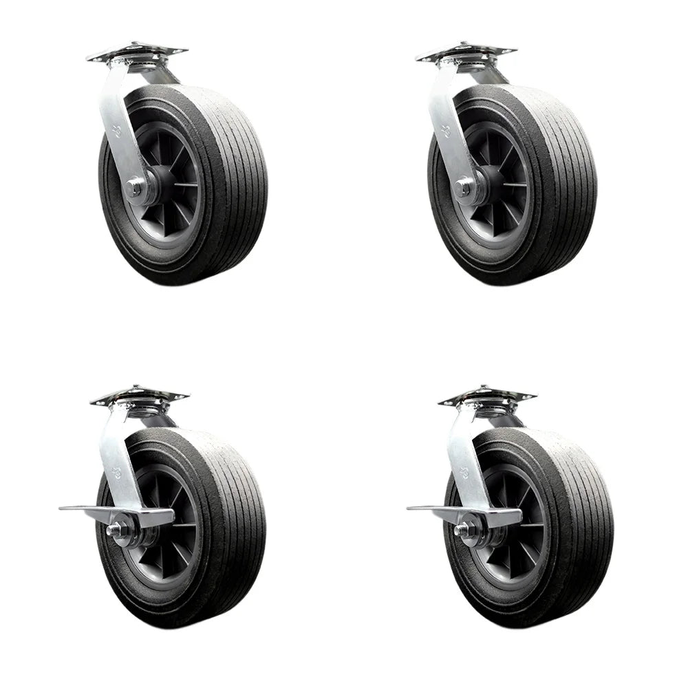 BBQ Smoker Grill Flat Free All Terrain Caster Wheel Set ¨C 10 Inch Easy Roll, No Flat, Maintenance Free Solid Rubber Wheels ¨C Industrial Grade¨C4 Swivel with Side Lock Brakes ¨C Set of 4 ¨C Service Caster