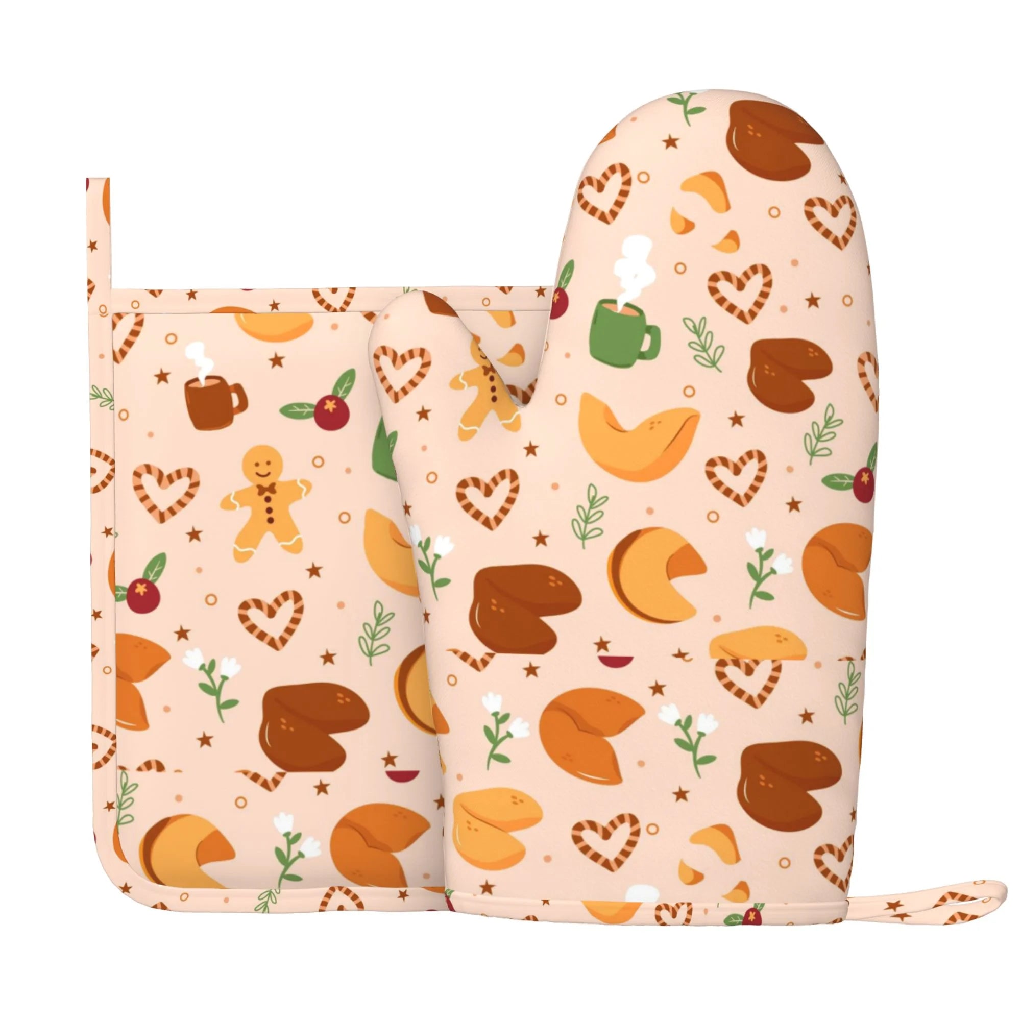 XMXY Oven Mitts and Pot Holders 2 Pcs Sets, Delicious Fortune Cookie Heat Resistant Silicone Cooking Gloves for Grill Baking BBQ Kitchen Decor