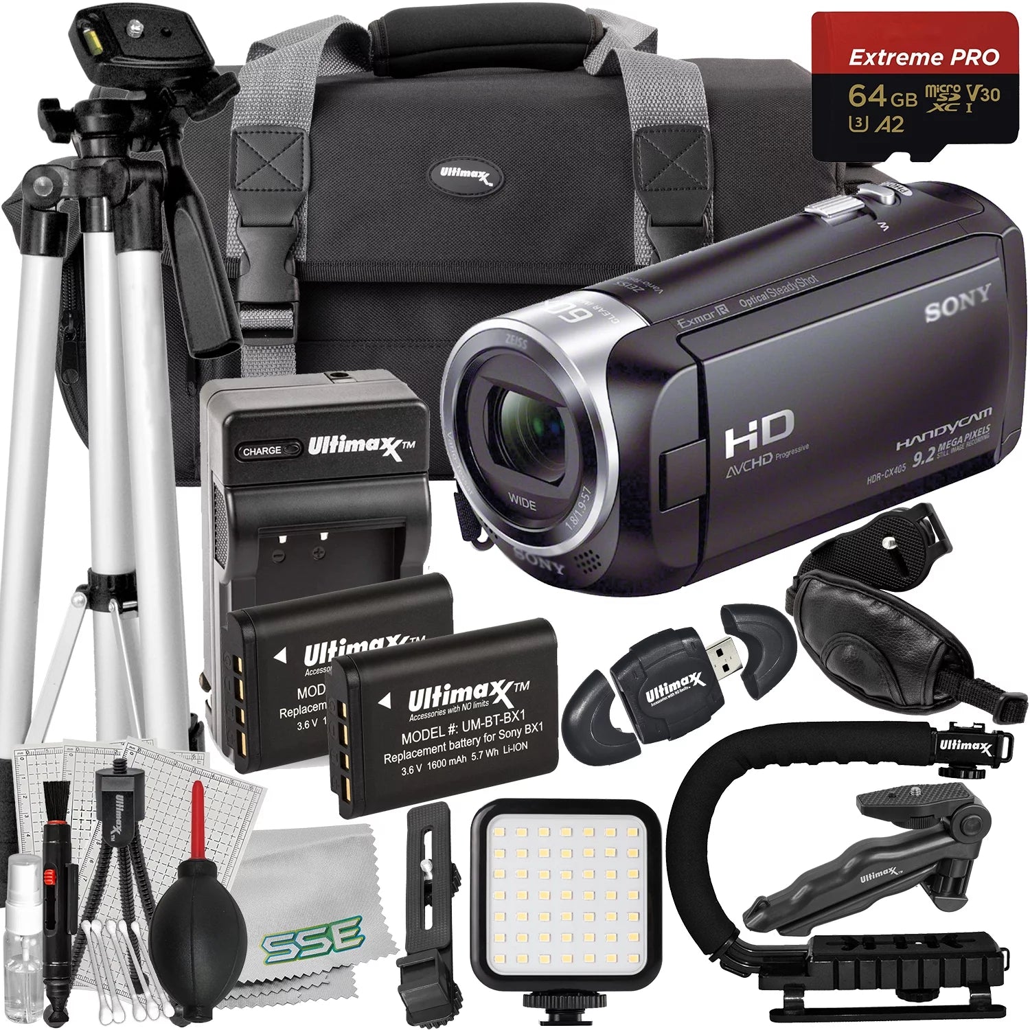 Ultimaxx Advanced Sony HDR-CX405 HD Handycam Bundle - Includes: 64GB Extreme Pro microSDXC, 2x Replacement Batteries, Lightweight Tripod, Tabletop Tripod & Much More (23pc Bundle)