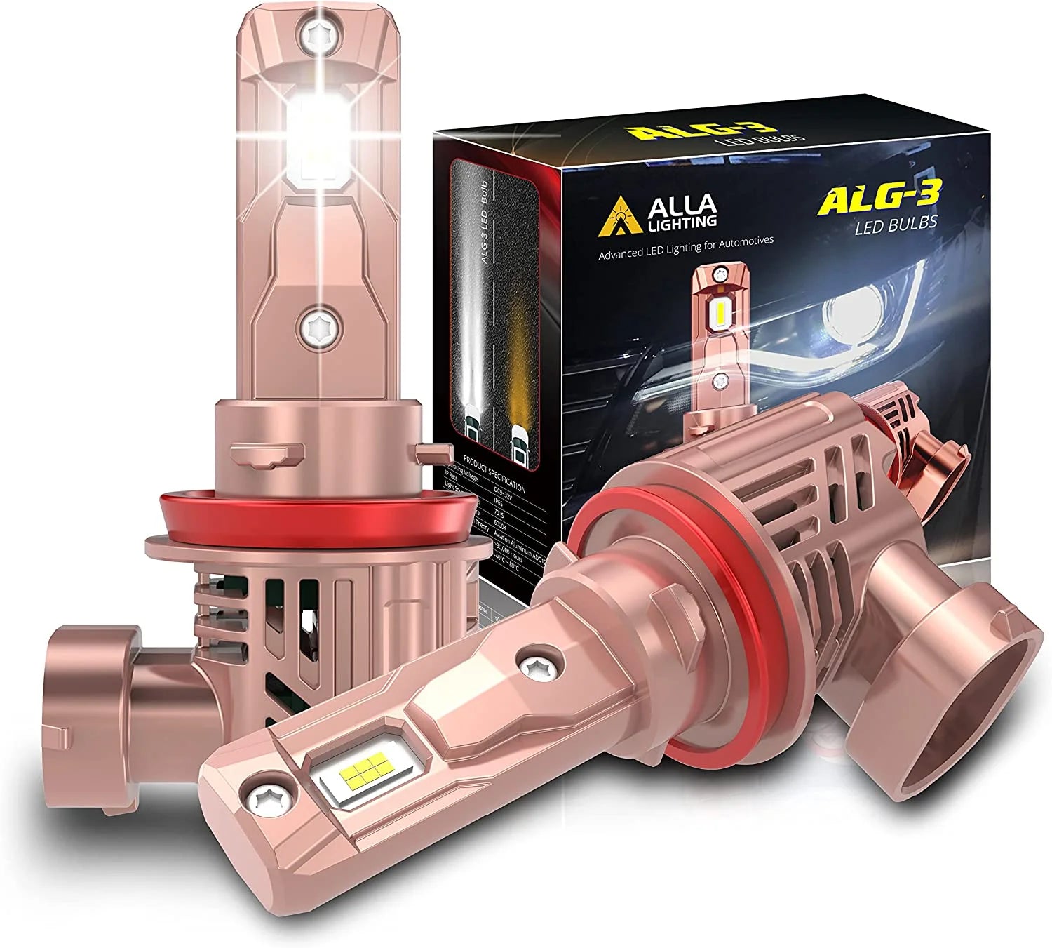 Alla Lighting Extreme Super Bright H8 H9 H11 LED Headlights Bulbs, 6000K~6500K Xenon White, 1:1 Design High Beam, Low Beam Conversion Kits Headlamps, or Fog Lights, DRL Lamps Replacement