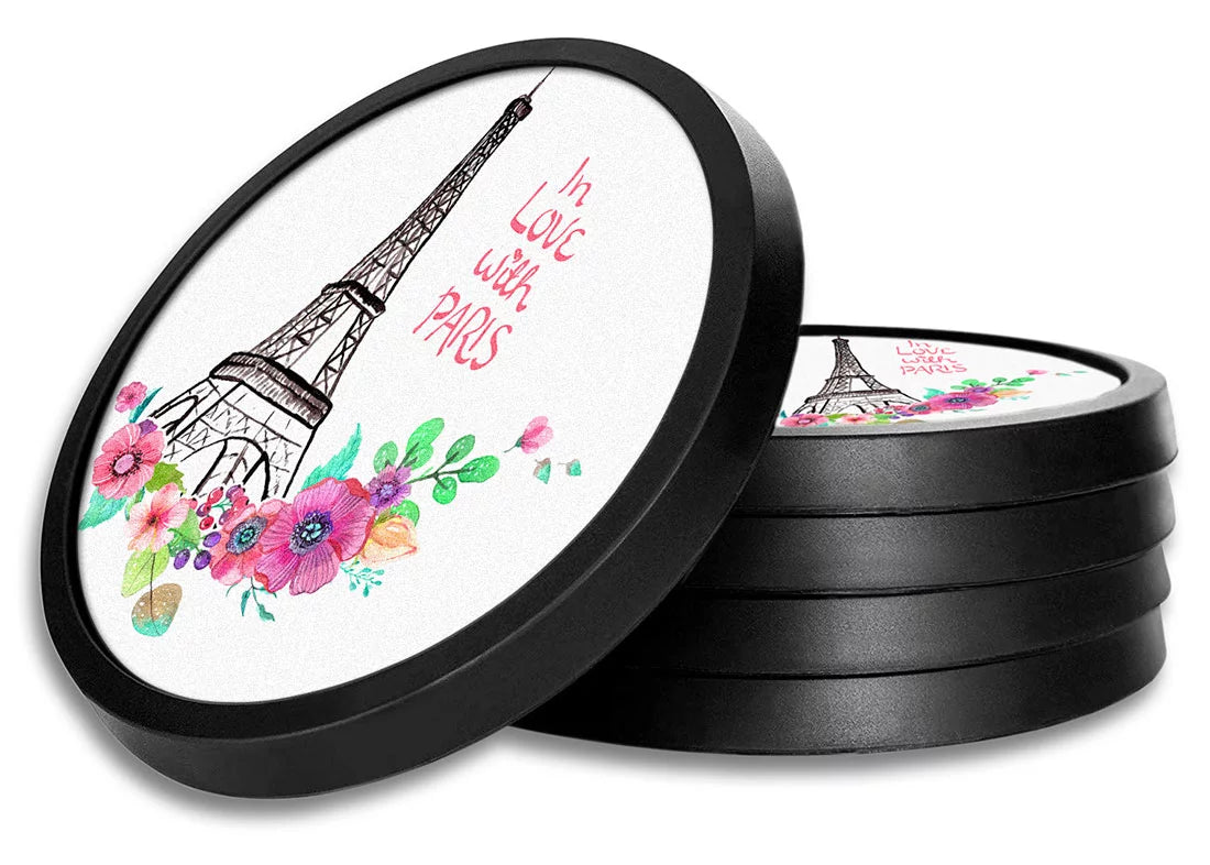 Silicone Non-Slip Drink Coasters with Removable Printed Absorbent Felt Pad - Set of 4 - In Love with Paris