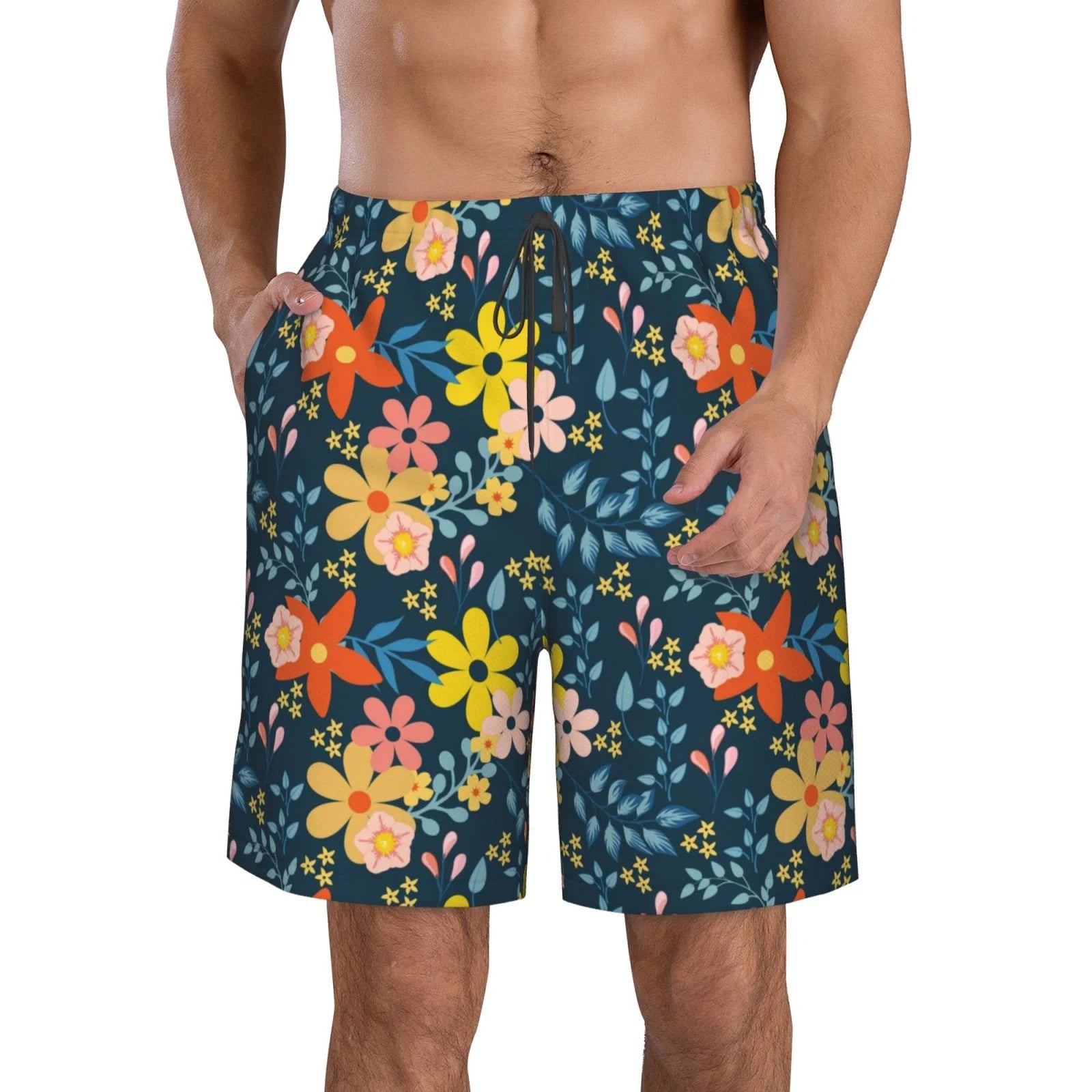 Kll Blue Floral Men'S Casual Summer Beach Shorts Hawaiian Shorts With Pockets-Small