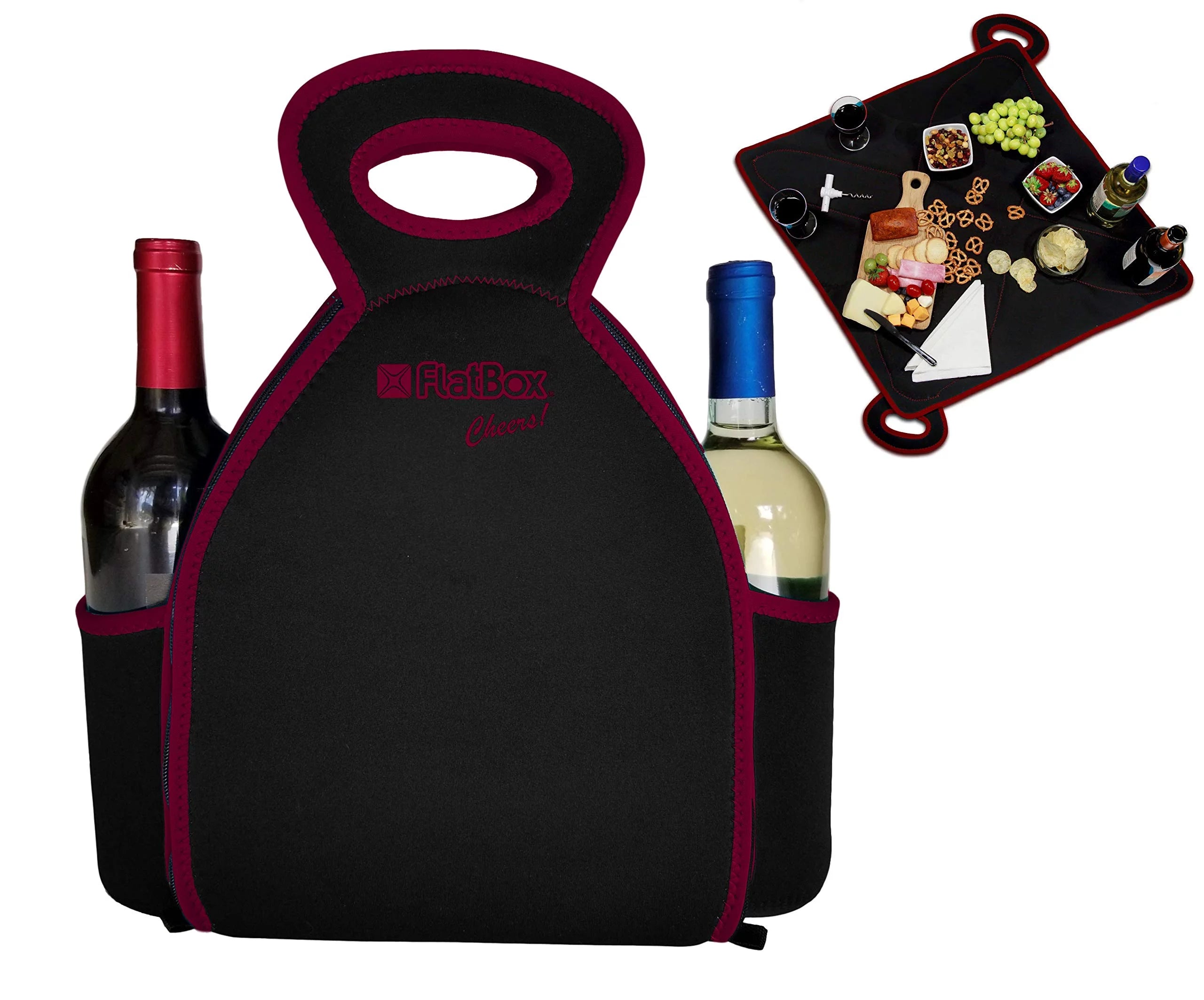 FlatBox Cheers LUNCH BAG With 2 Drink Holders, PLACEMAT, MACHINE WASHABLE Cooler Tote Bag, Unzips to a Placemat to Eat Clean anywhere