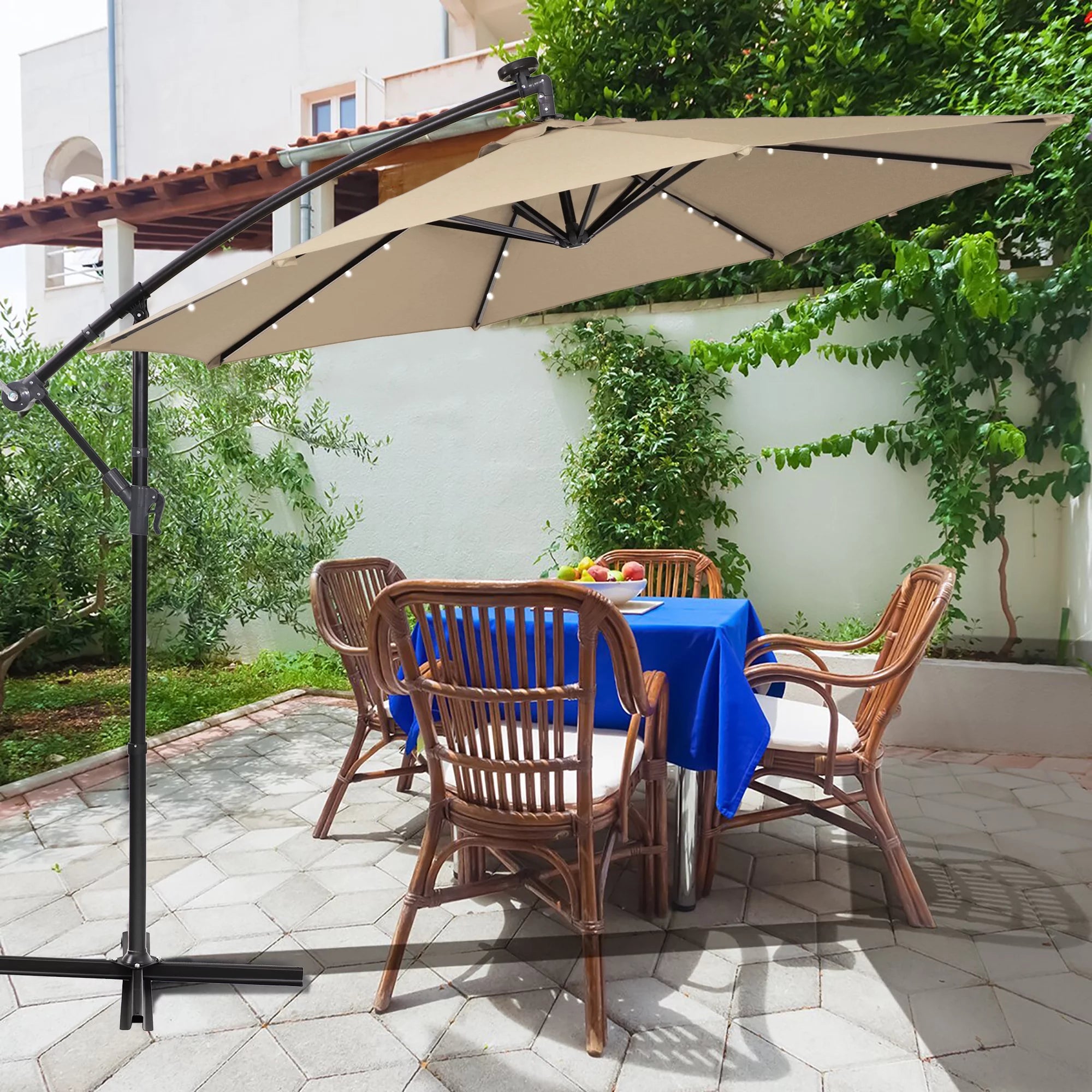 MF Studio 10ft Cantilever Offset Patio Umbrella with Solar Lights Beige