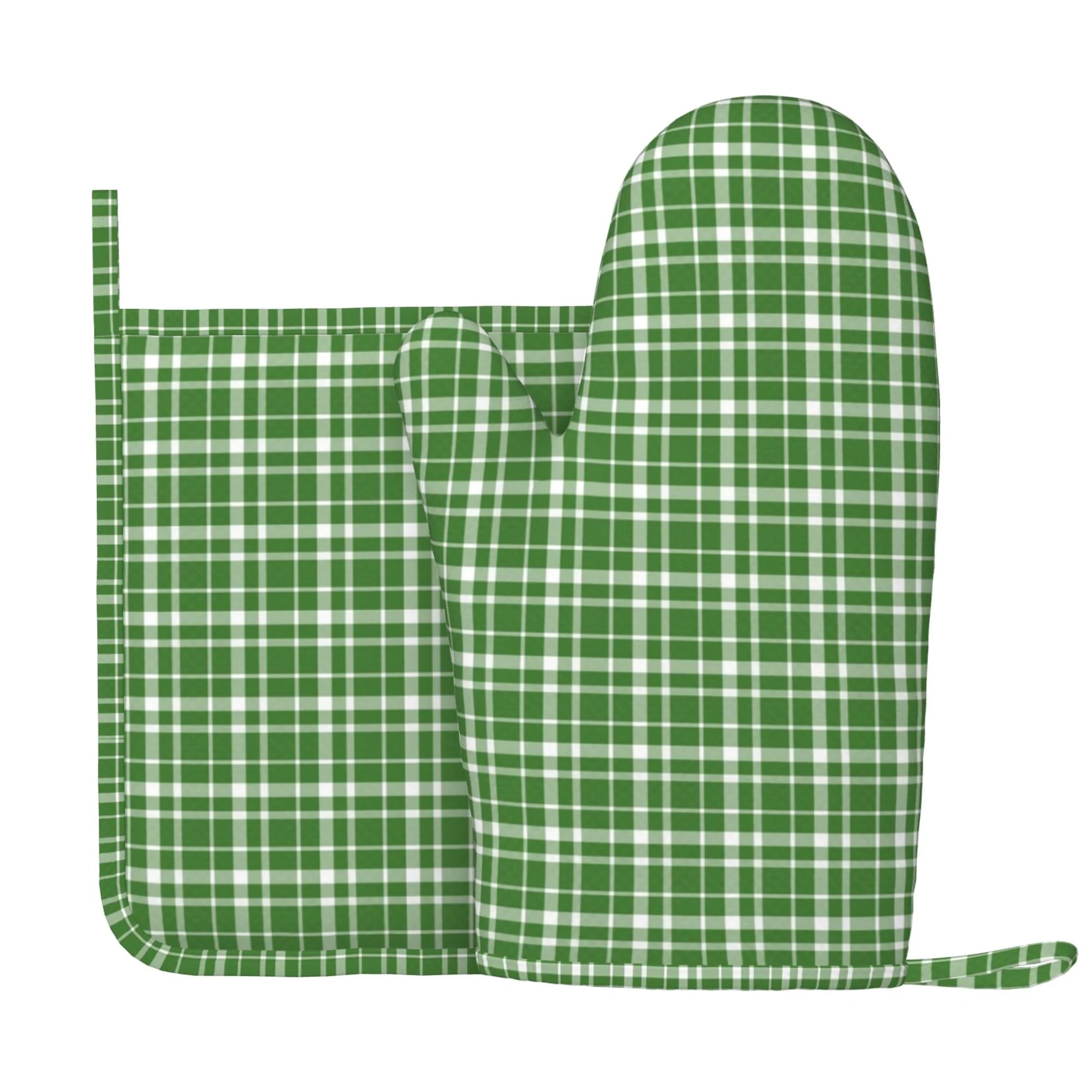 XMXY Oven Mitts and Pot Holders 2 Pcs Sets, Green Plaid Heat Resistant Silicone Cooking Gloves for Grill Baking BBQ Kitchen Decor