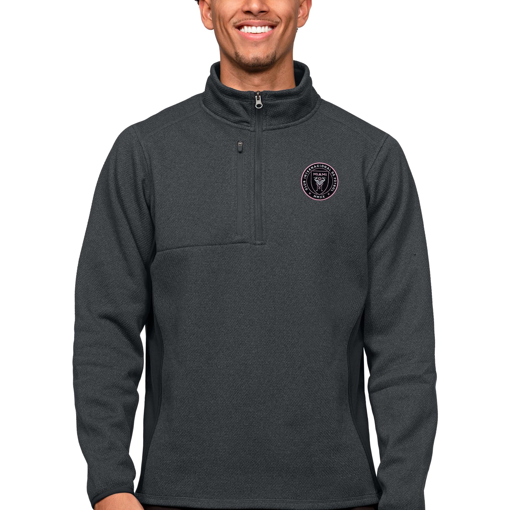 Men's Antigua Heather Charcoal Inter Miami CF Primary Team Logo Course Quarter-Zip Pullover Top