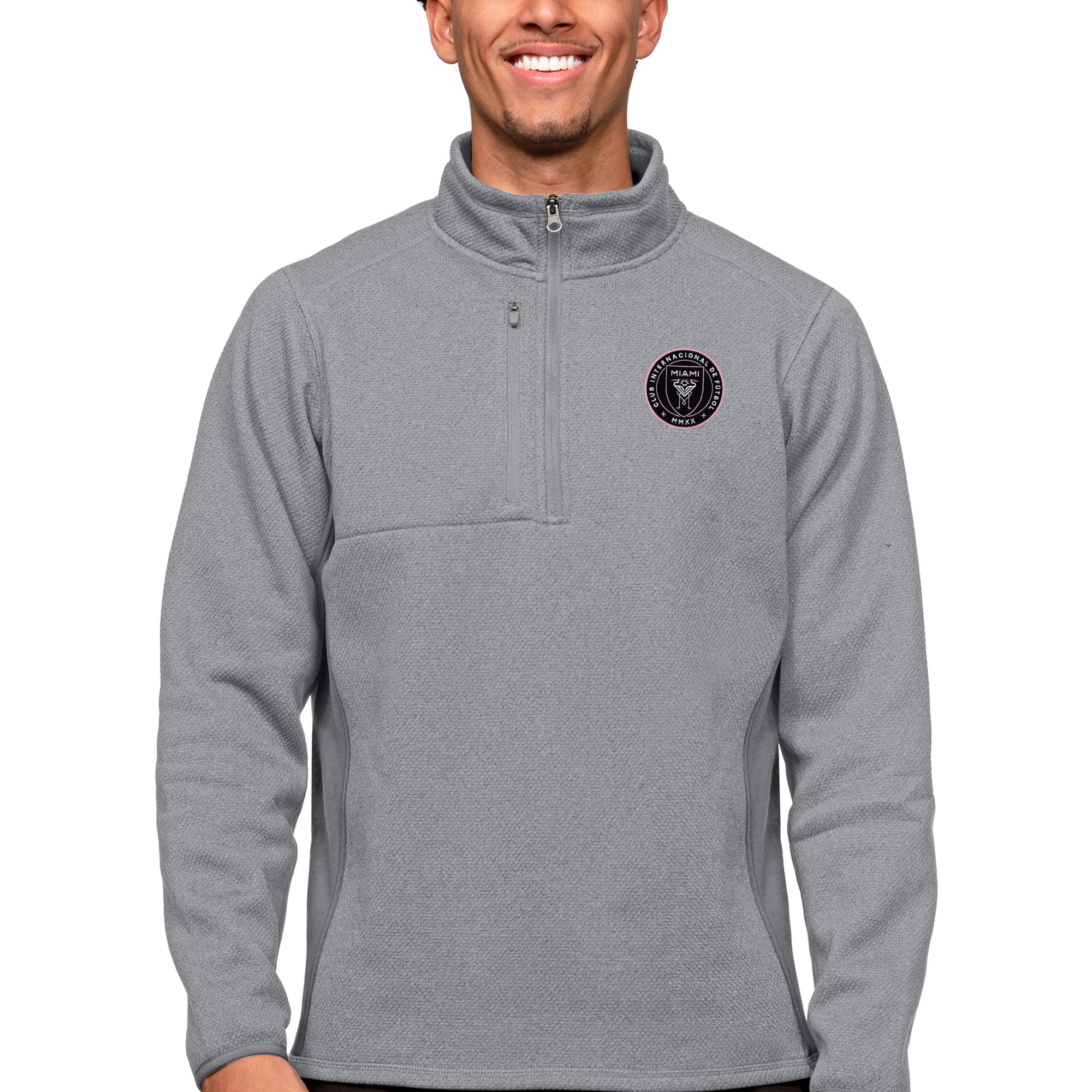 Men's Antigua Gray Inter Miami CF Primary Team Logo Course Quarter-Zip Pullover Top