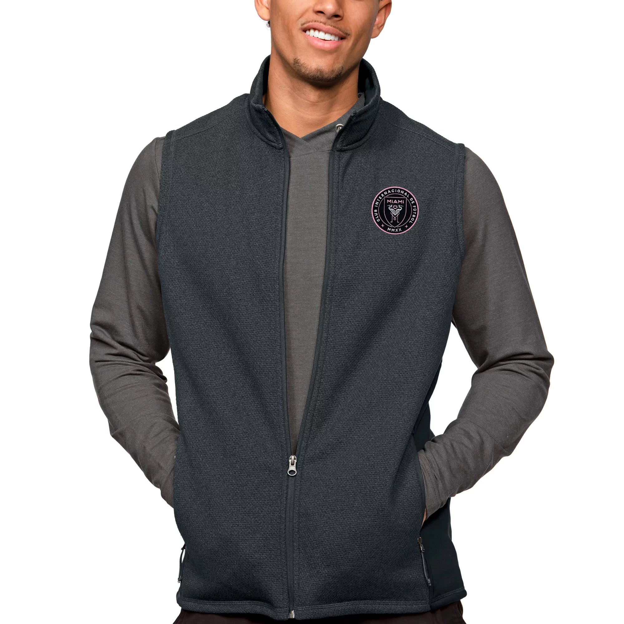 Men's Antigua Heather Charcoal Inter Miami CF Primary Team Logo Course Full-Zip Vest