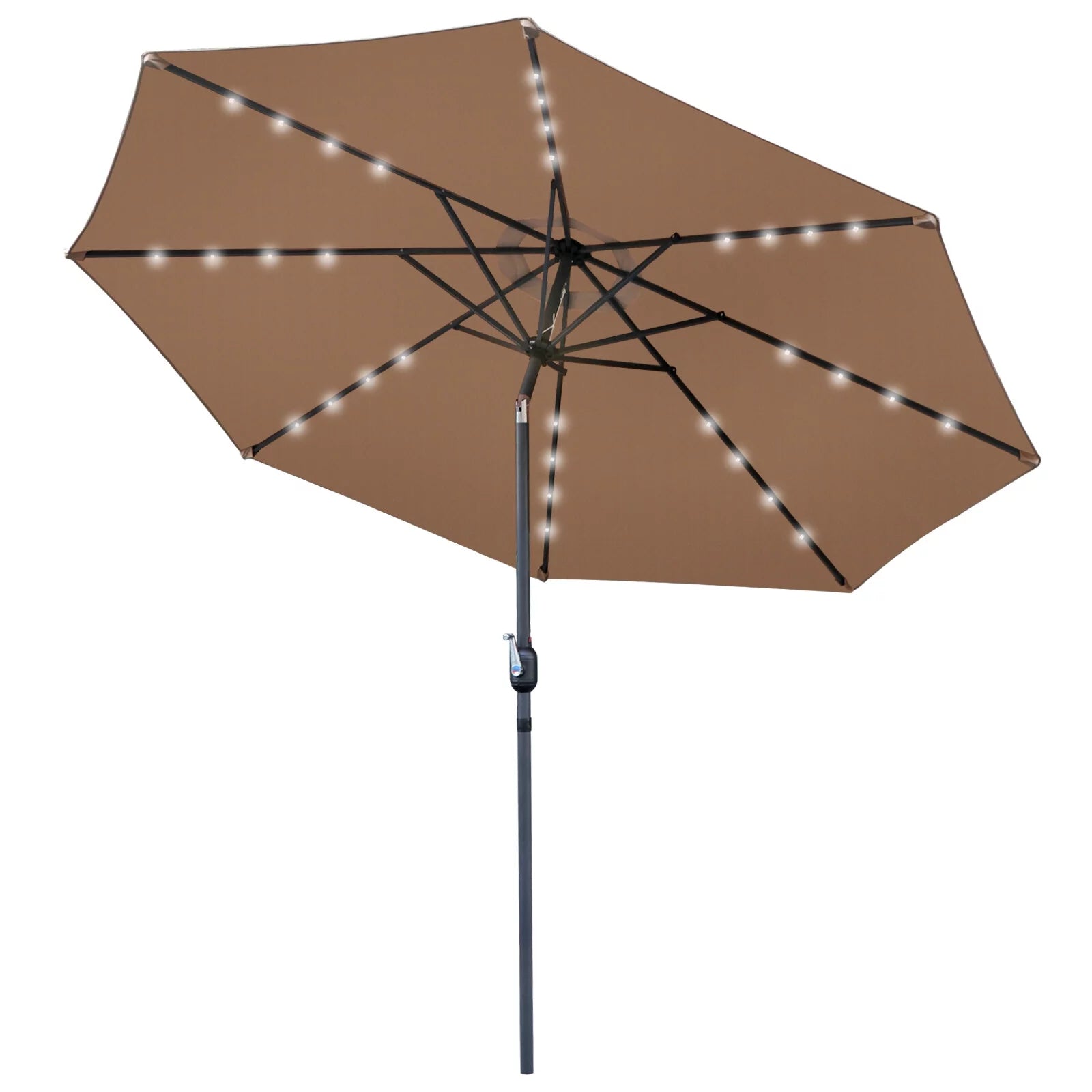 HomGarden 10FT Outdoor Solar Patio Umbrella, 32LED Lighted, 8 Aluminum Ribs W/Tile & Crank, Beige