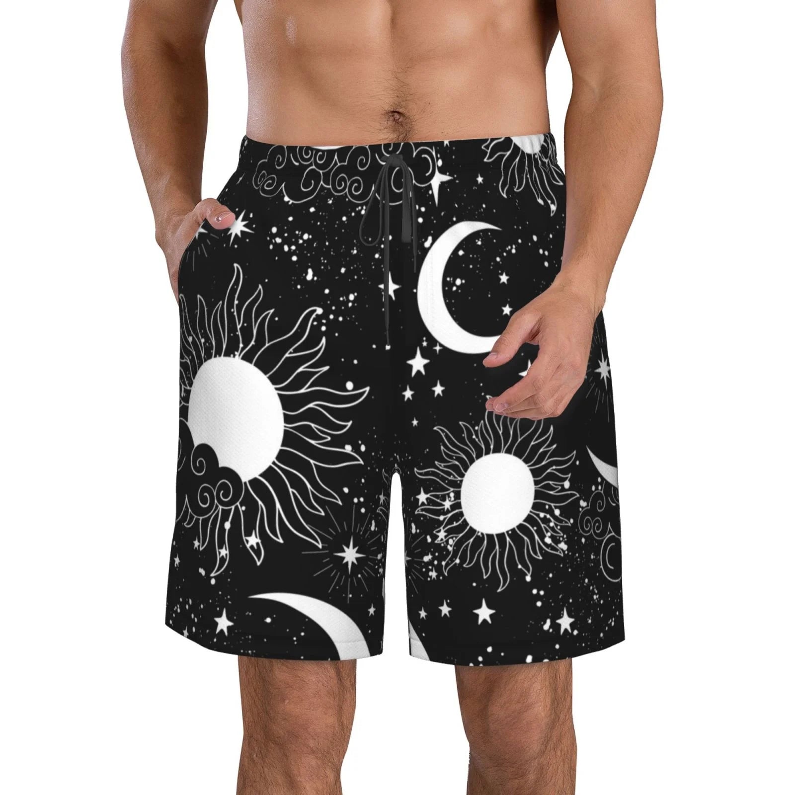 Kll Crescent And Stars Men'S Casual Summer Beach Shorts Hawaiian Shorts With Pockets-3x-Large