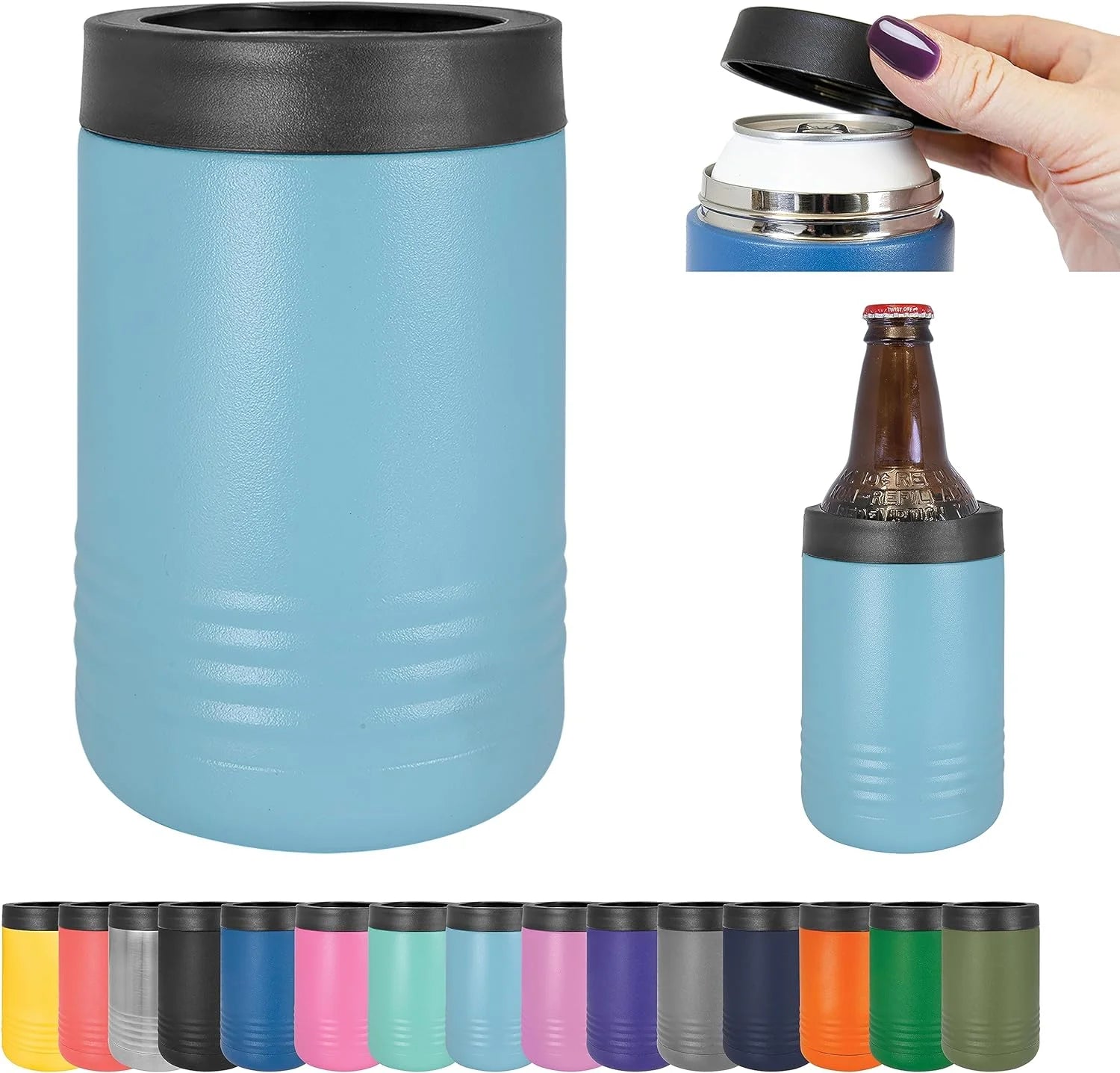 Insulated Stainless Steel 12 Oz Double Wall Can Or Bottle Cooler - Keeps Beverage Cold For Hours - Fits 12 Oz Cans, 12 Oz Bottles And 16 Oz Cans (Light Blue)