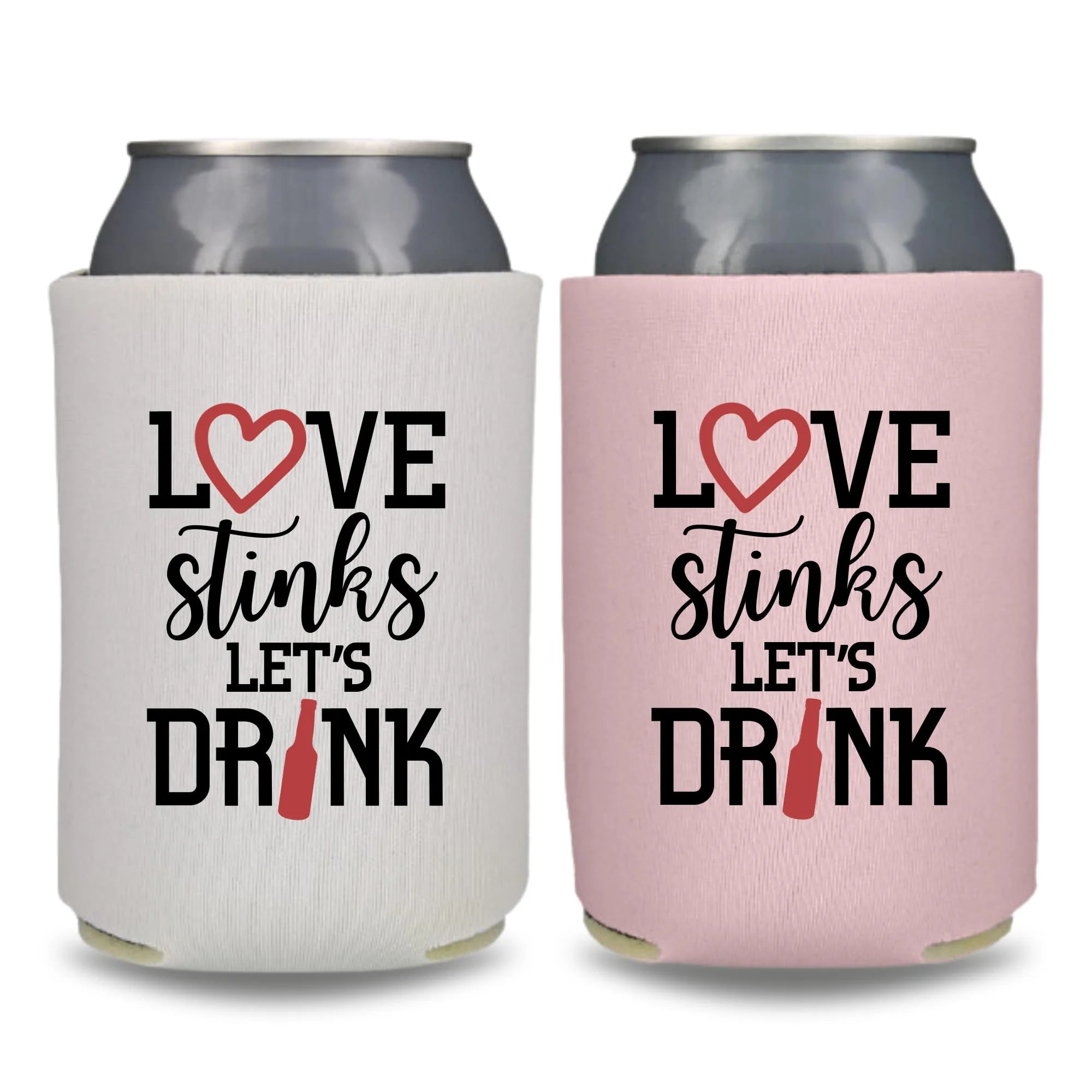 Valentine's Beer Can Coolers, Love Stinks, Let's Drink, Funny Valentine's Coolies, Drink Accessory, Beer Coolies, Gag Gift and Party Favors (2 Pack (1 White & 1 Blush))