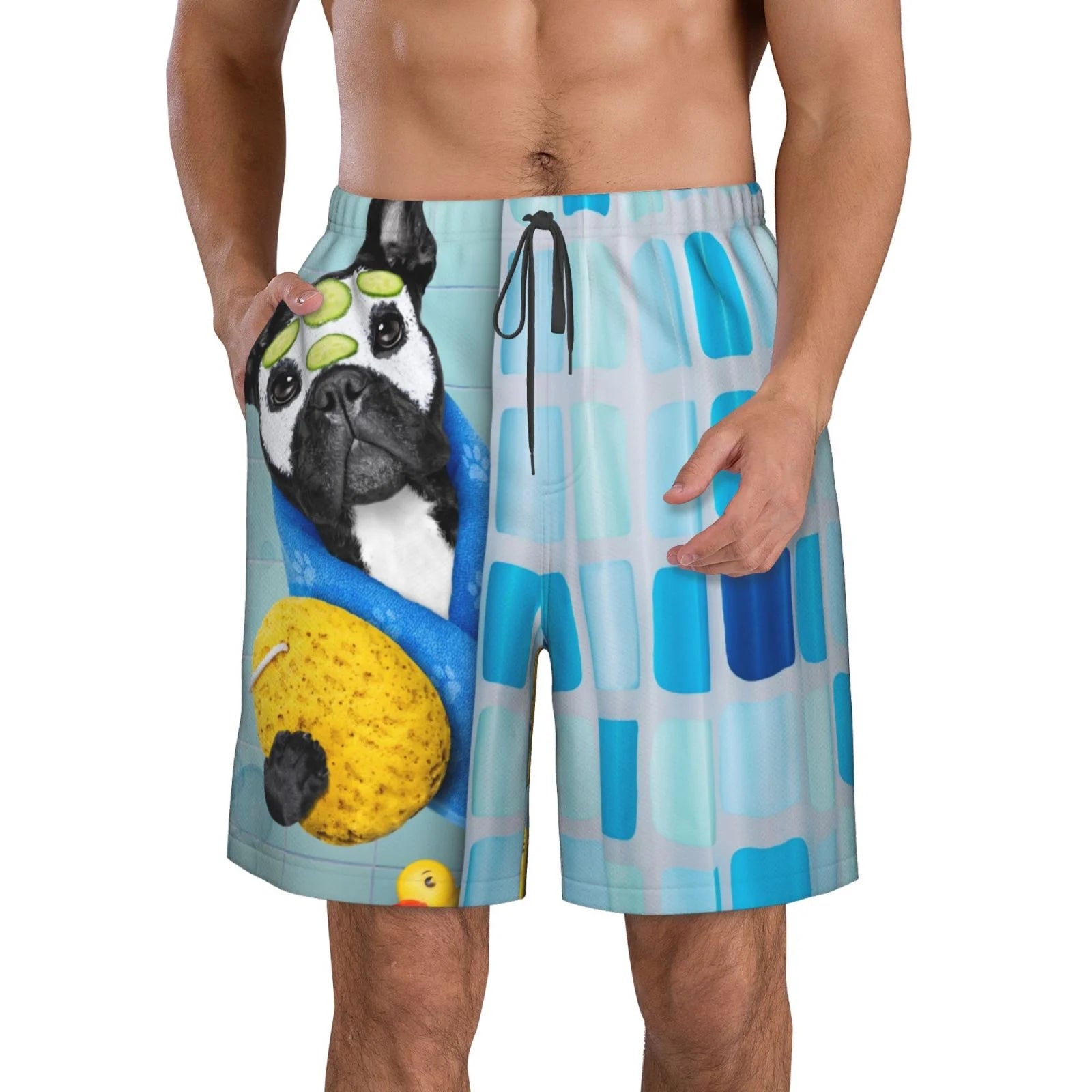 Kll French Bulldog Dog In A Bathtub Men'S Casual Summer Beach Shorts Hawaiian Shorts With Pockets-Small