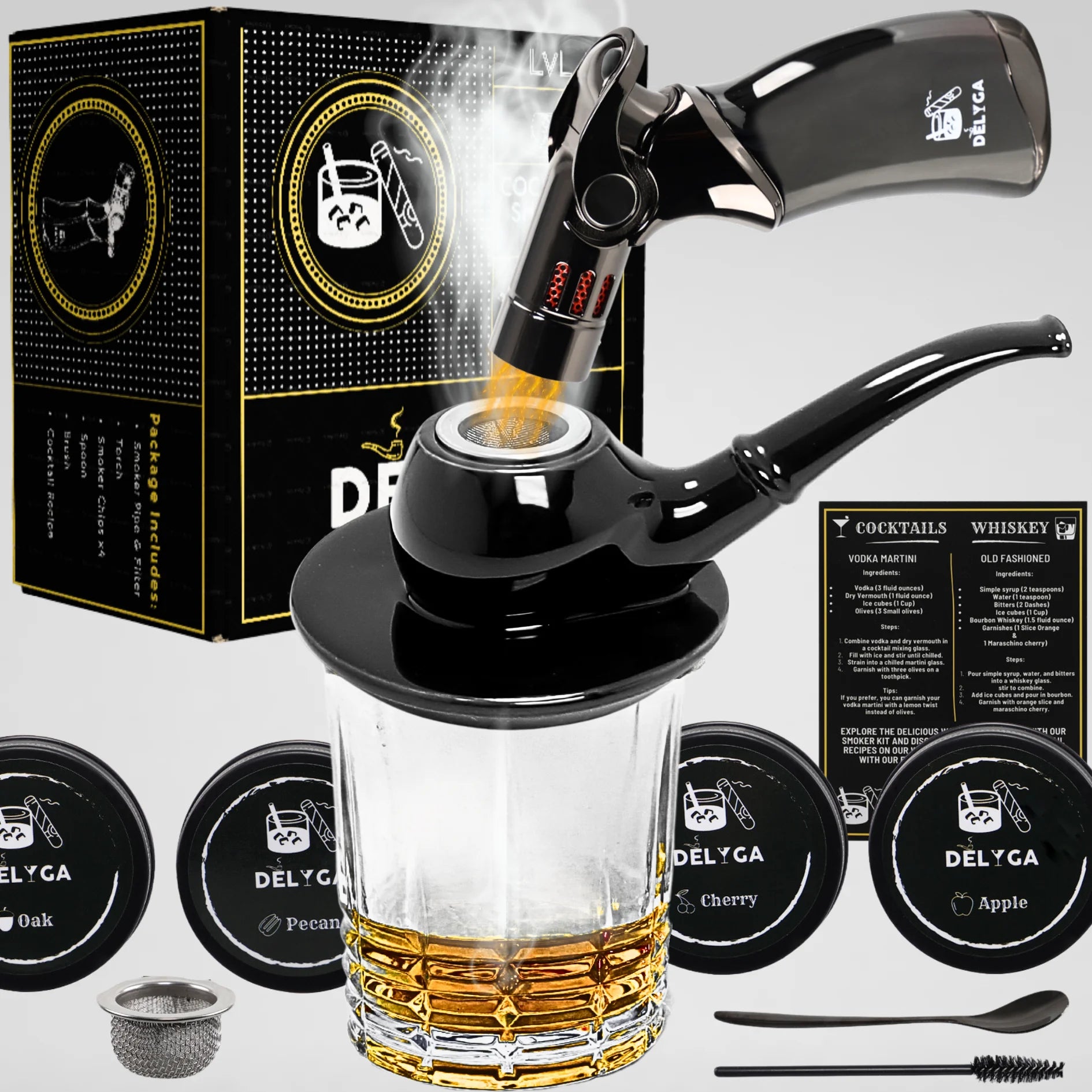 Cocktail Smoker Kit with Torch, Pipe-Shaped, Whiskey Smoker, 4 Wood Chips Flavors, Gifts for Dad, Gifts for Men, Old Fashioned, Bourbon Infuser Gift Kit (DELYGA LvL 1 - Ceramic Shiny Black -No Butane)