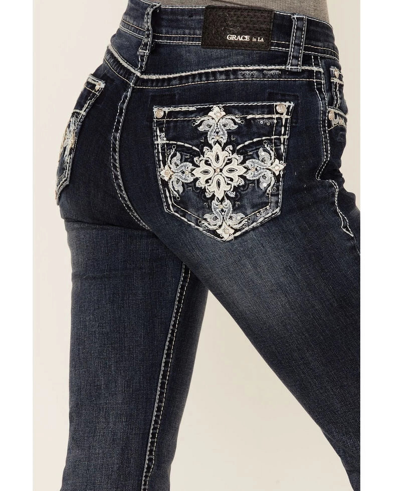 Grace in LA Women's Cross Embroidered Embellished Pockets Bootcut Stretch Jeans (26)