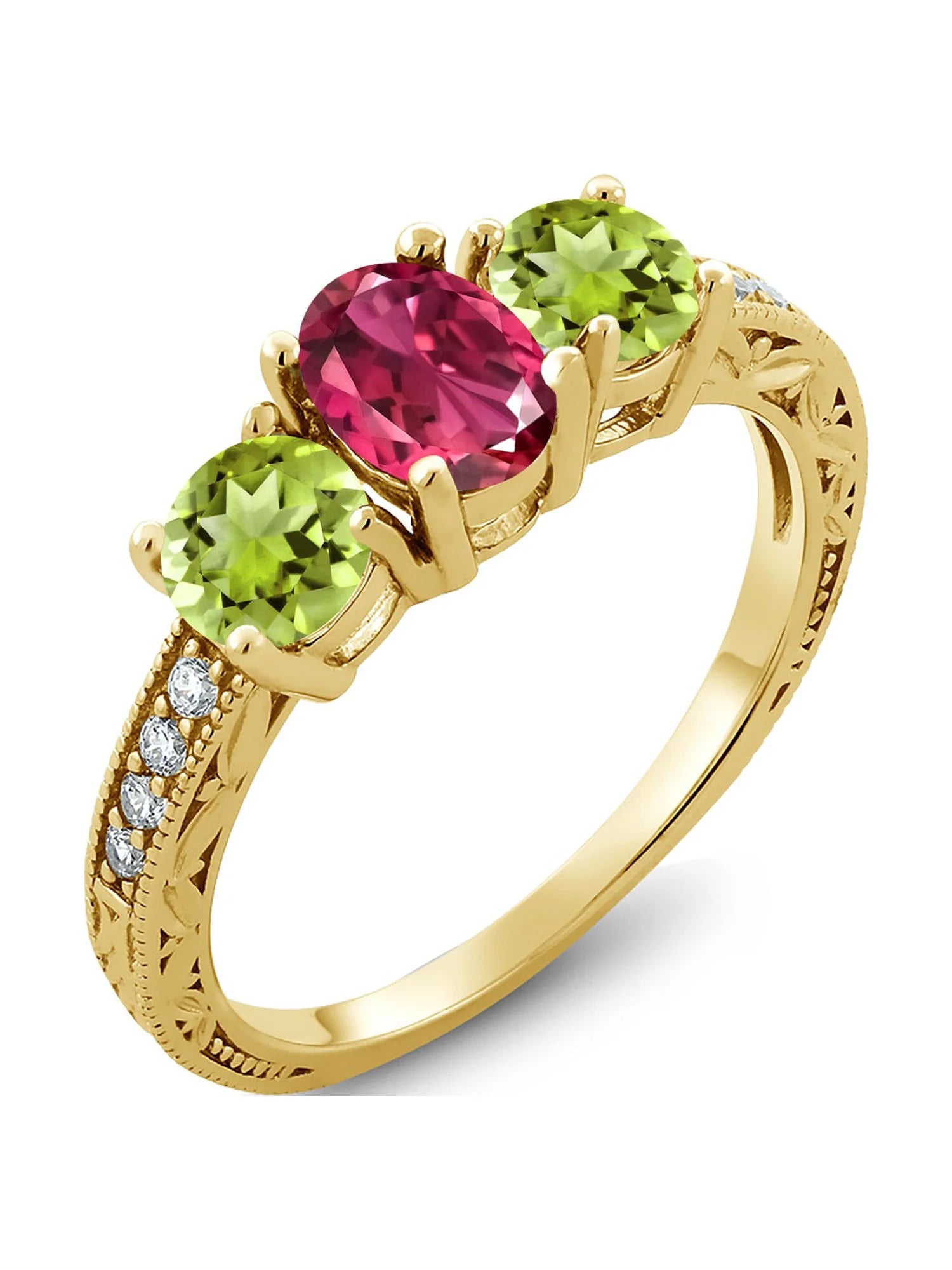 Gem Stone King 2.07 Ct Oval Pink Tourmaline Green Peridot 18K Yellow Gold Plated Silver Moissanite Ring