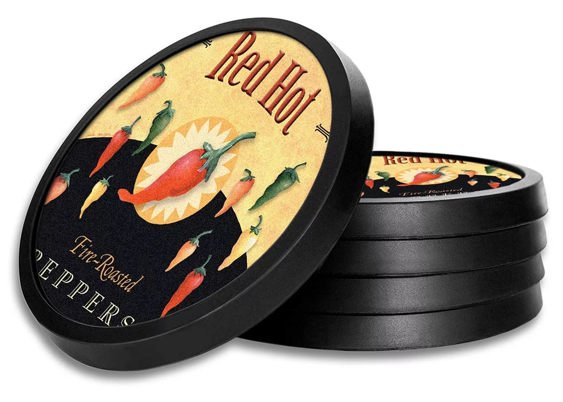 Silicone Non-Slip Drink Coasters with Removable Printed Absorbent Felt Pad - Set of 4 - Red Hot Peppers