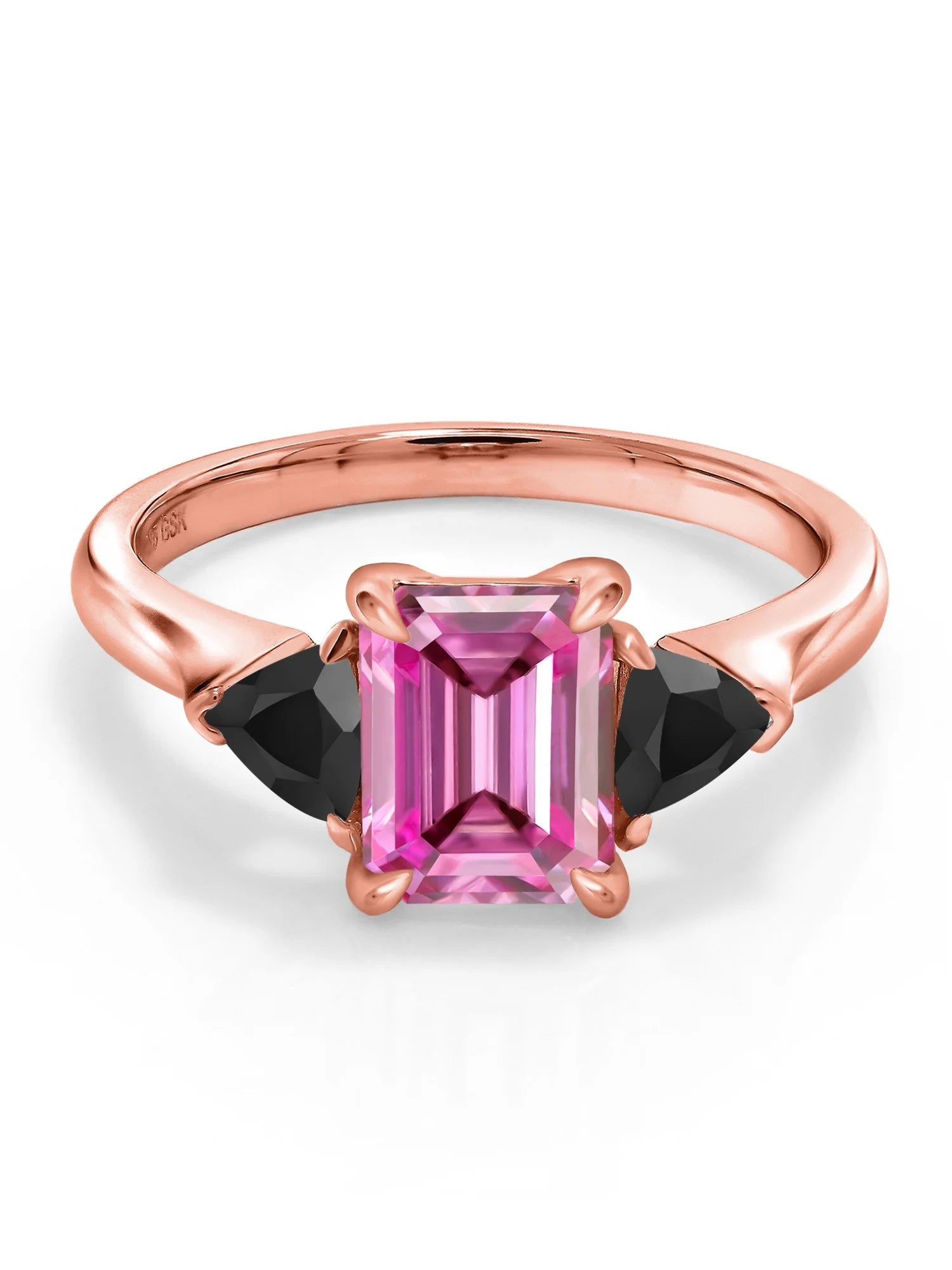 Gem Stone King 18K Rose Gold Plated Silver Ring Octagon Pink Moissanite and Onyx (1.99 Cttw)