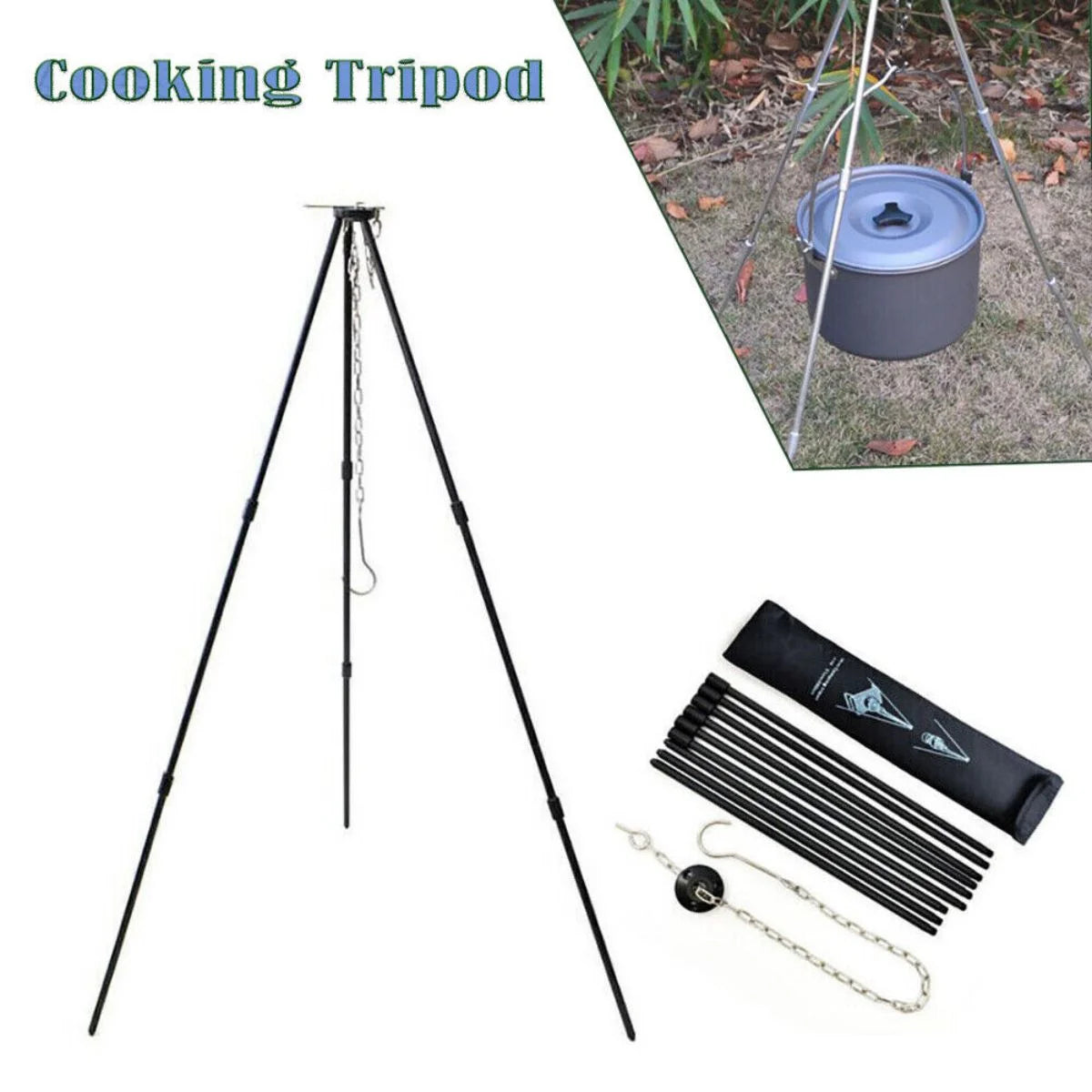 WSYW Camping Bonfire Tripod Outdoor Portable Picnic Detachable Fire Hanging Pot Black
