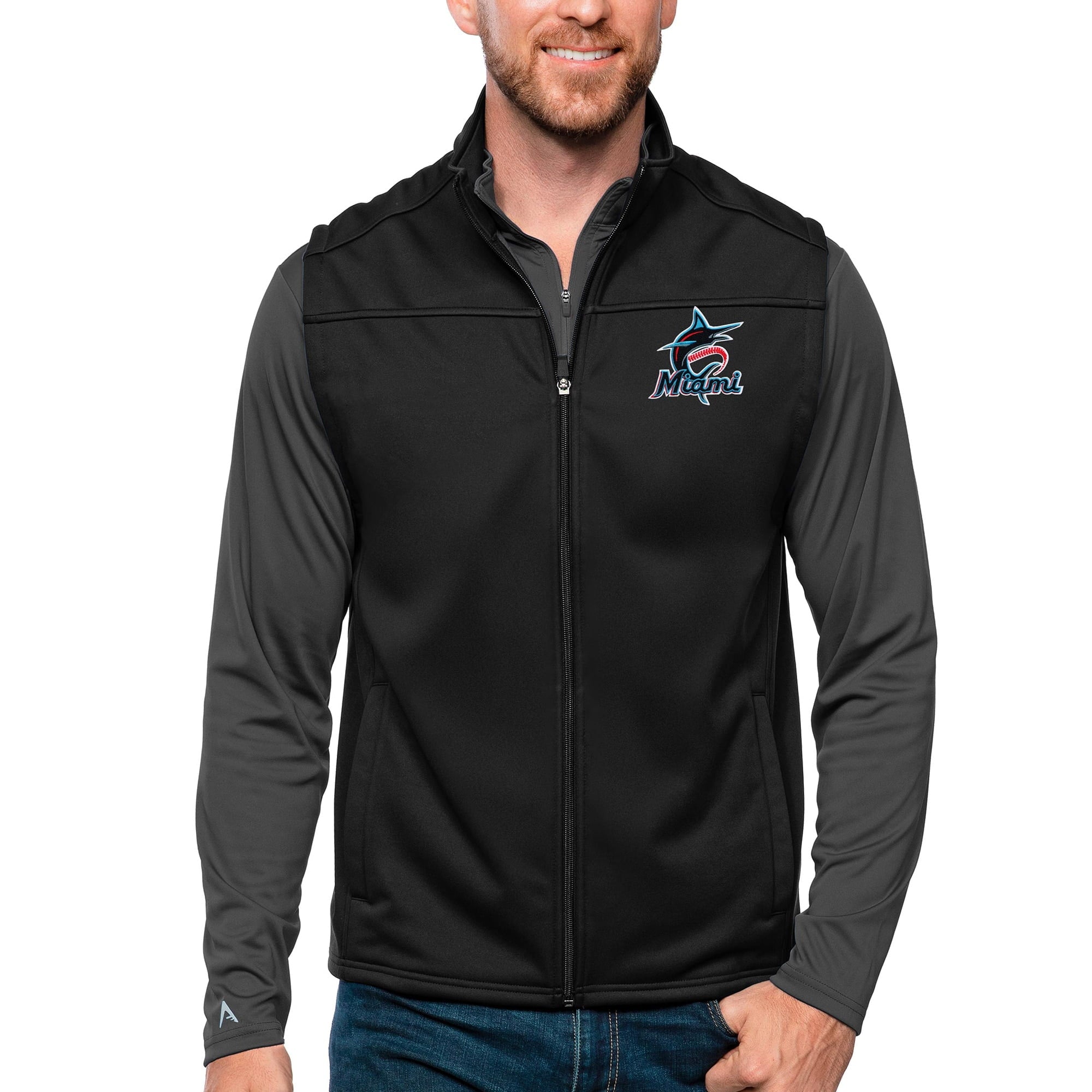 Men's Antigua Black Miami Marlins Links Full-Zip Golf Vest