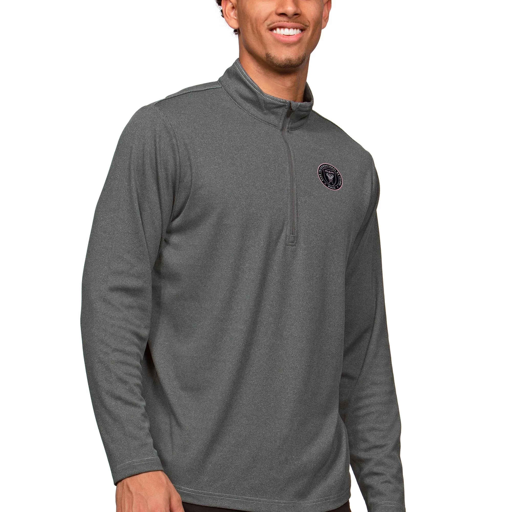Men's Antigua Heather Charcoal Inter Miami CF Primary Team Logo Epic Quarter-Zip Pullover Top