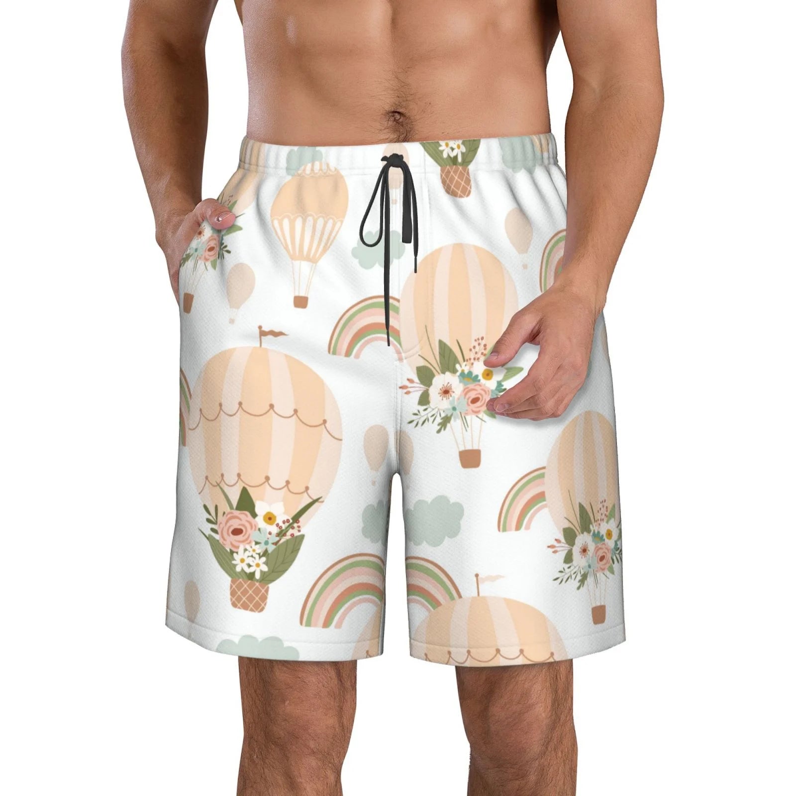 Kll Air Balloon And Flower Men'S Casual Summer Beach Shorts Hawaiian Shorts With Pockets-Small