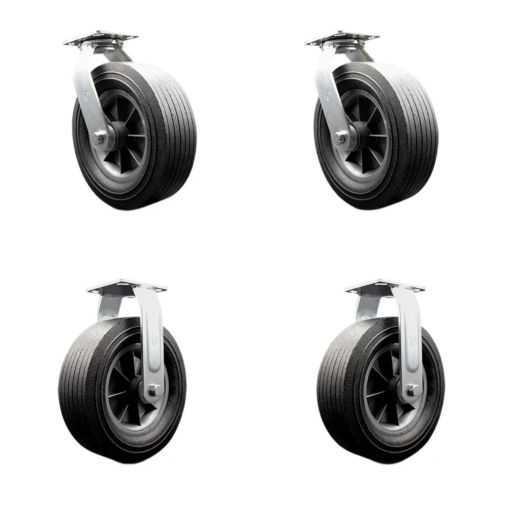 BBQ Smoker Grill Flat Free All Terrain Caster Wheel Set ¨C 10 Inch Easy Roll, No Flat, Maintenance Free Solid Rubber Wheels ¨C Industrial Grade ¨C 2 Swivel and 2 Rigid Casters ¨C Set of 4 ¨C Service Caster