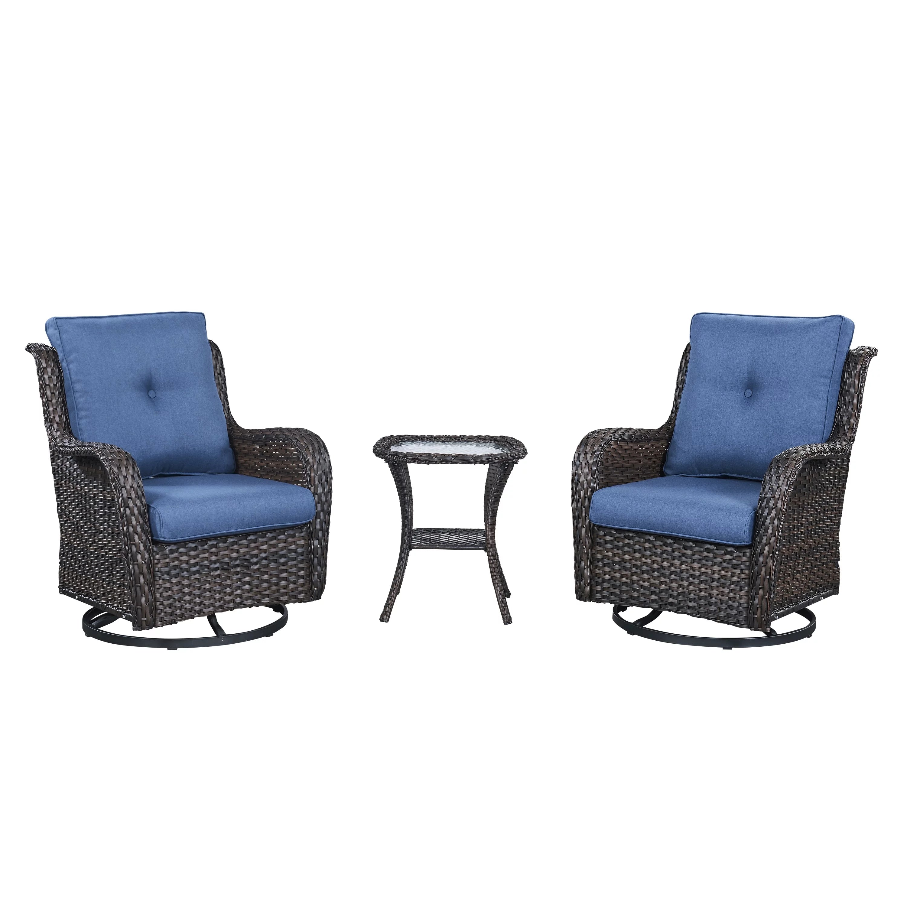Pocassy 3-Piece Outdoor Swivel Bistro Set, Wicker Rocking Chairs Mix Grey/Blue