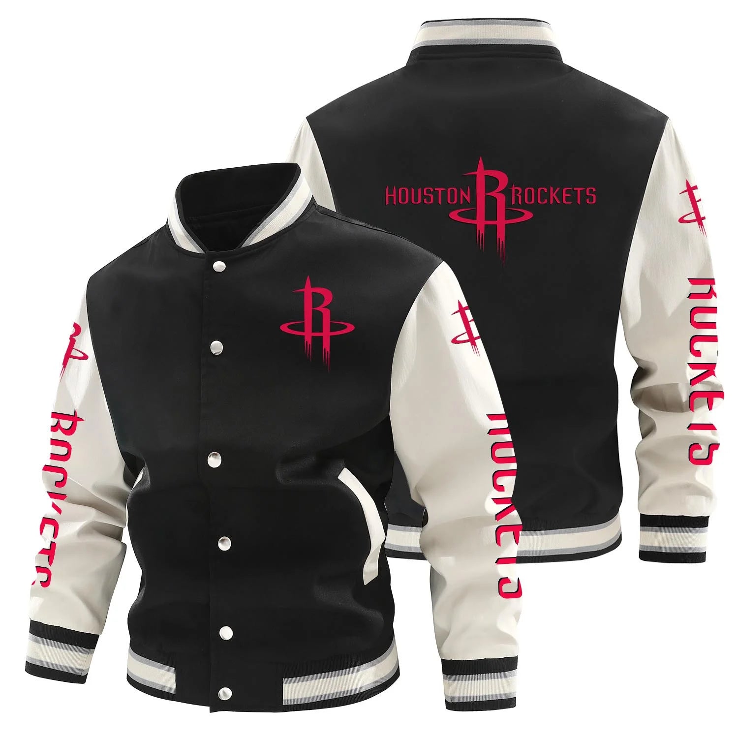 Men's Basketball Fashion Varsity Jacket Causal Slim Fit Cotton Letterman Rugby Baseball Bomber Jackets - Houston - Rockets