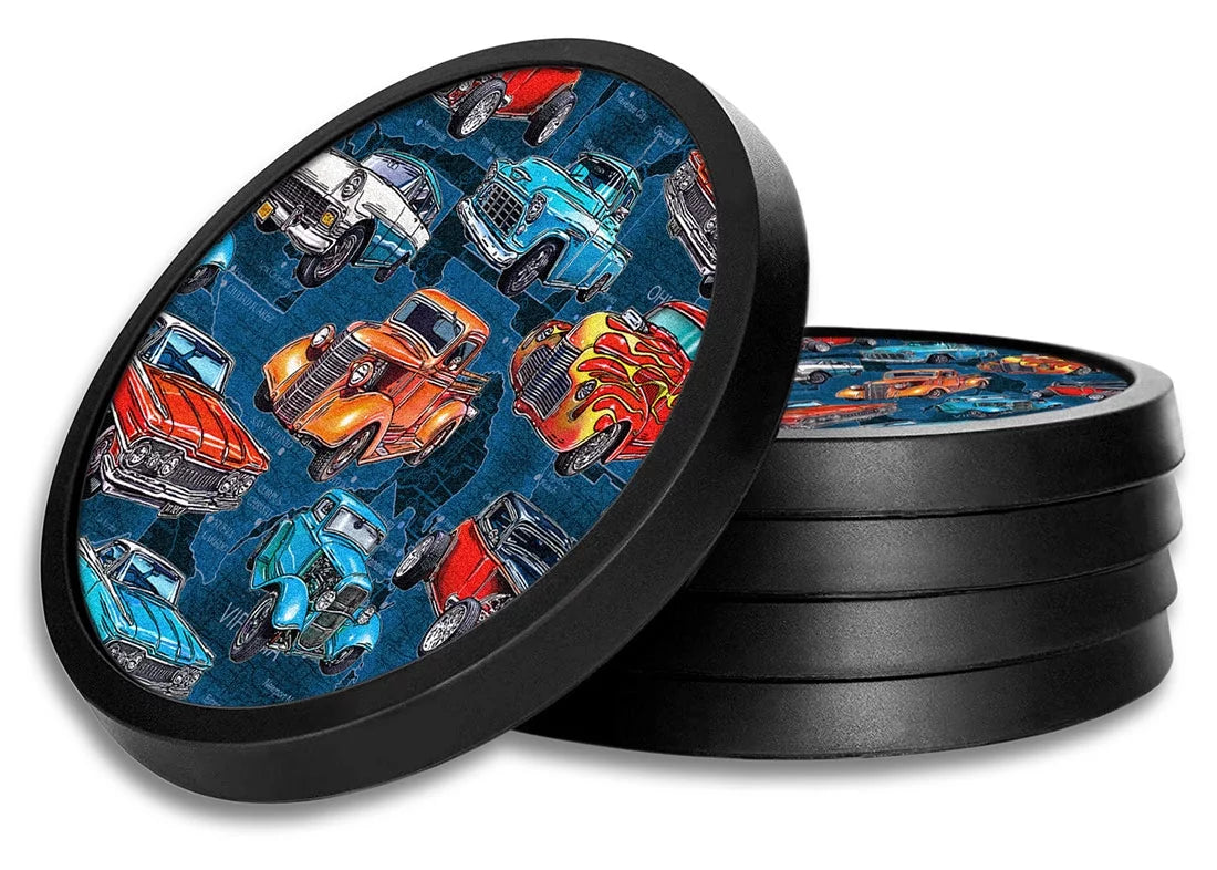 Silicone Non-Slip Drink Coasters with Removable Printed Absorbent Felt Pad - Set of 4 - Hot Rod Trucks - Image by Dan Morris