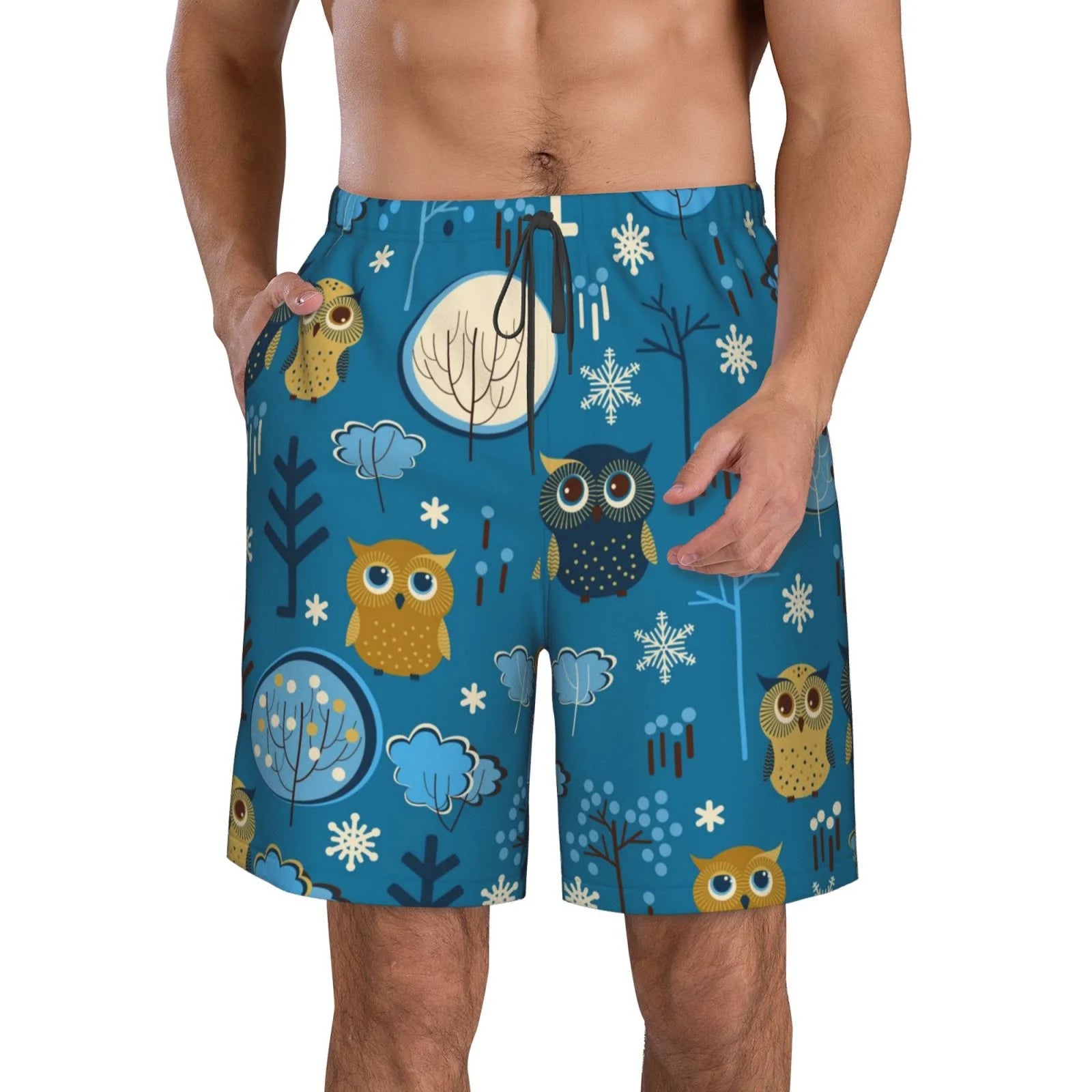 Kll Cute Colorful Owls And Trees Men'S Casual Summer Beach Shorts Hawaiian Shorts With Pockets-Small