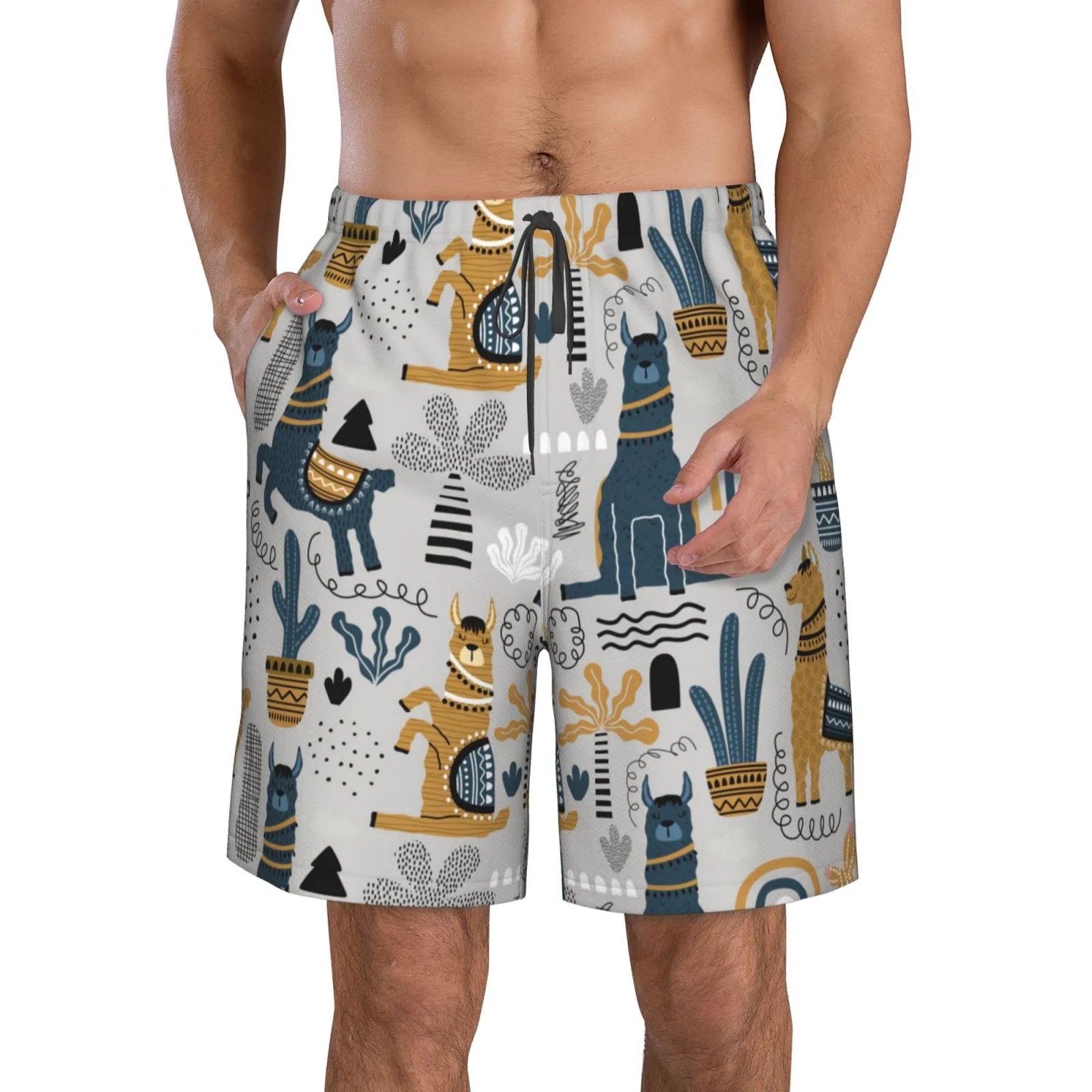 Kll Llama And Cactus1 Men'S Casual Summer Beach Shorts Hawaiian Shorts With Pockets-Small
