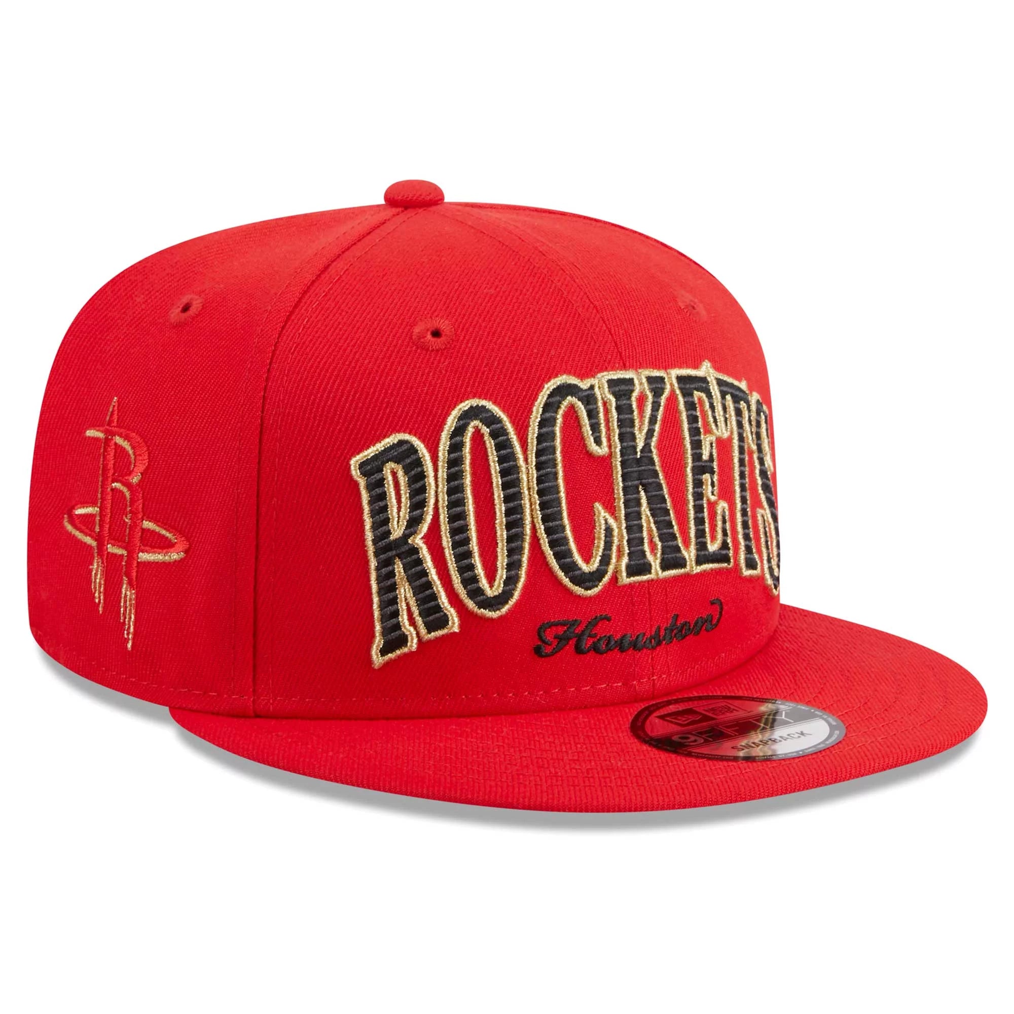 Men's New Era Red Houston Rockets Golden Tall Text 9FIFTY Snapback Hat - OSFA
