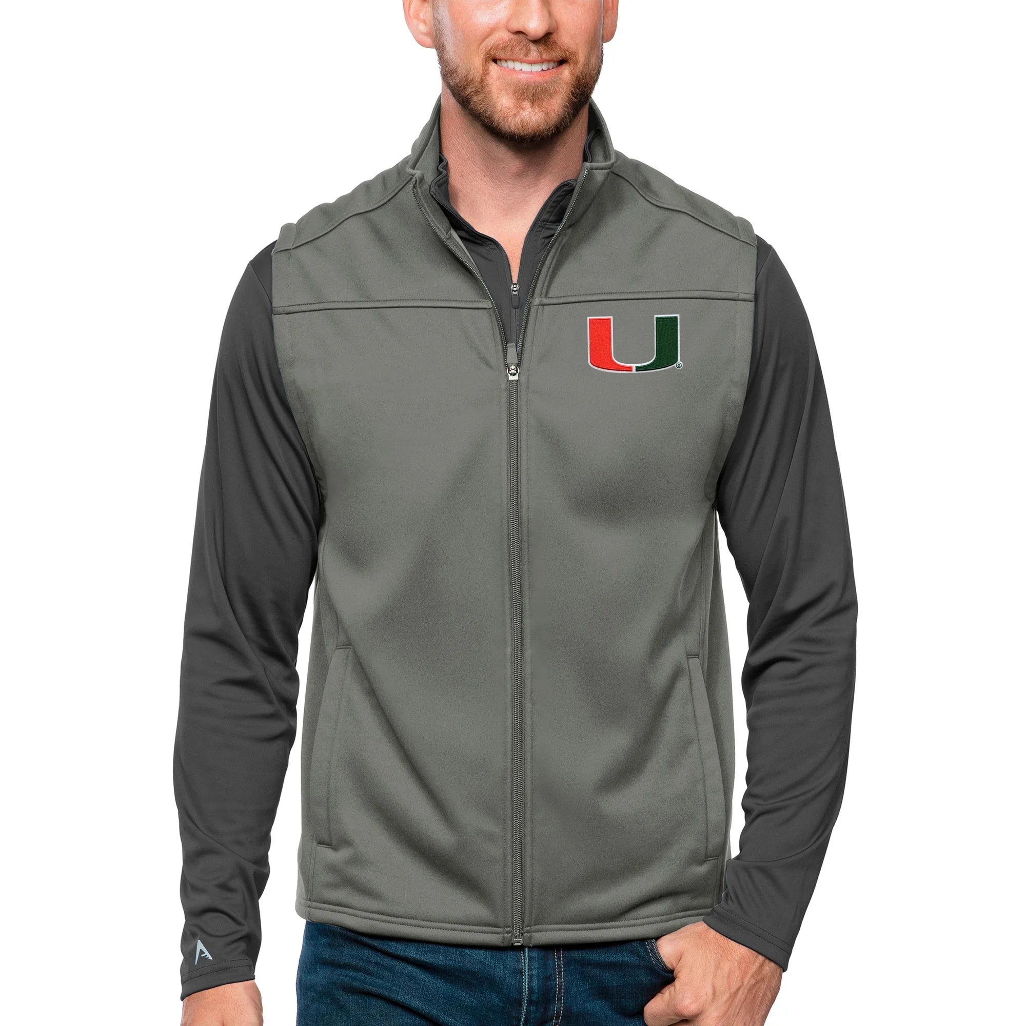 Men's Antigua Steel Miami Hurricanes Links Full-Zip Golf Vest