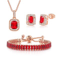 Paris Jewelry 18K Rose Gold Created Ruby Princess Halo Pendant Necklace. Earrings and Tennis Bracelet Jewelry Set Plated