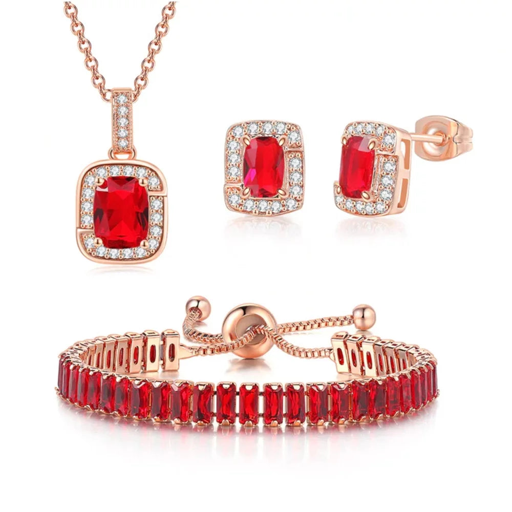 Paris Jewelry 18K Rose Gold Created Ruby Princess Halo Pendant Necklace. Earrings and Tennis Bracelet Jewelry Set Plated