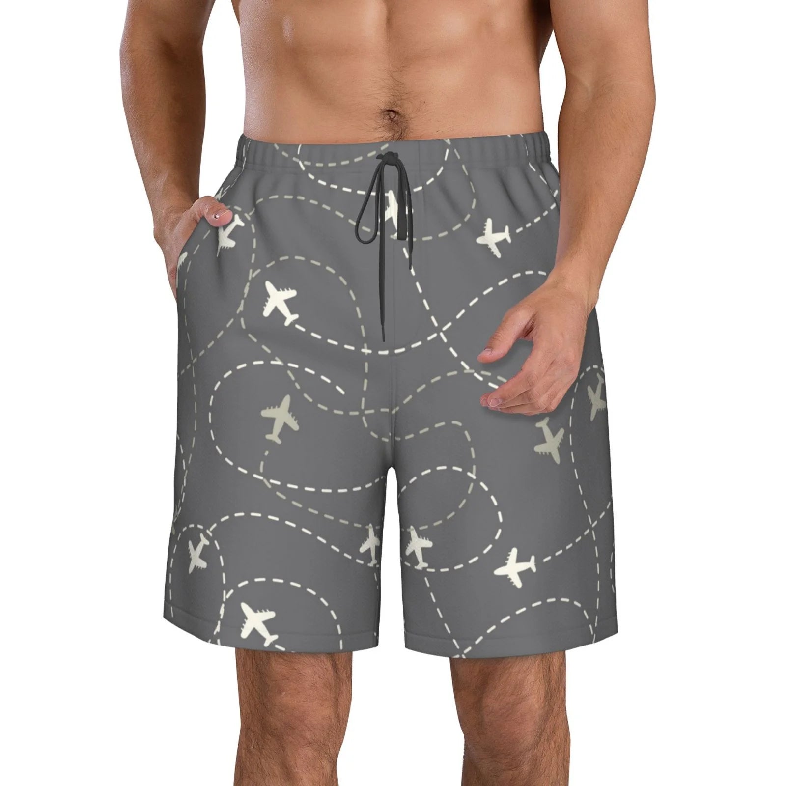 Kll Airplane Routes Around The World Men'S Casual Summer Beach Shorts Hawaiian Shorts With Pockets-Small