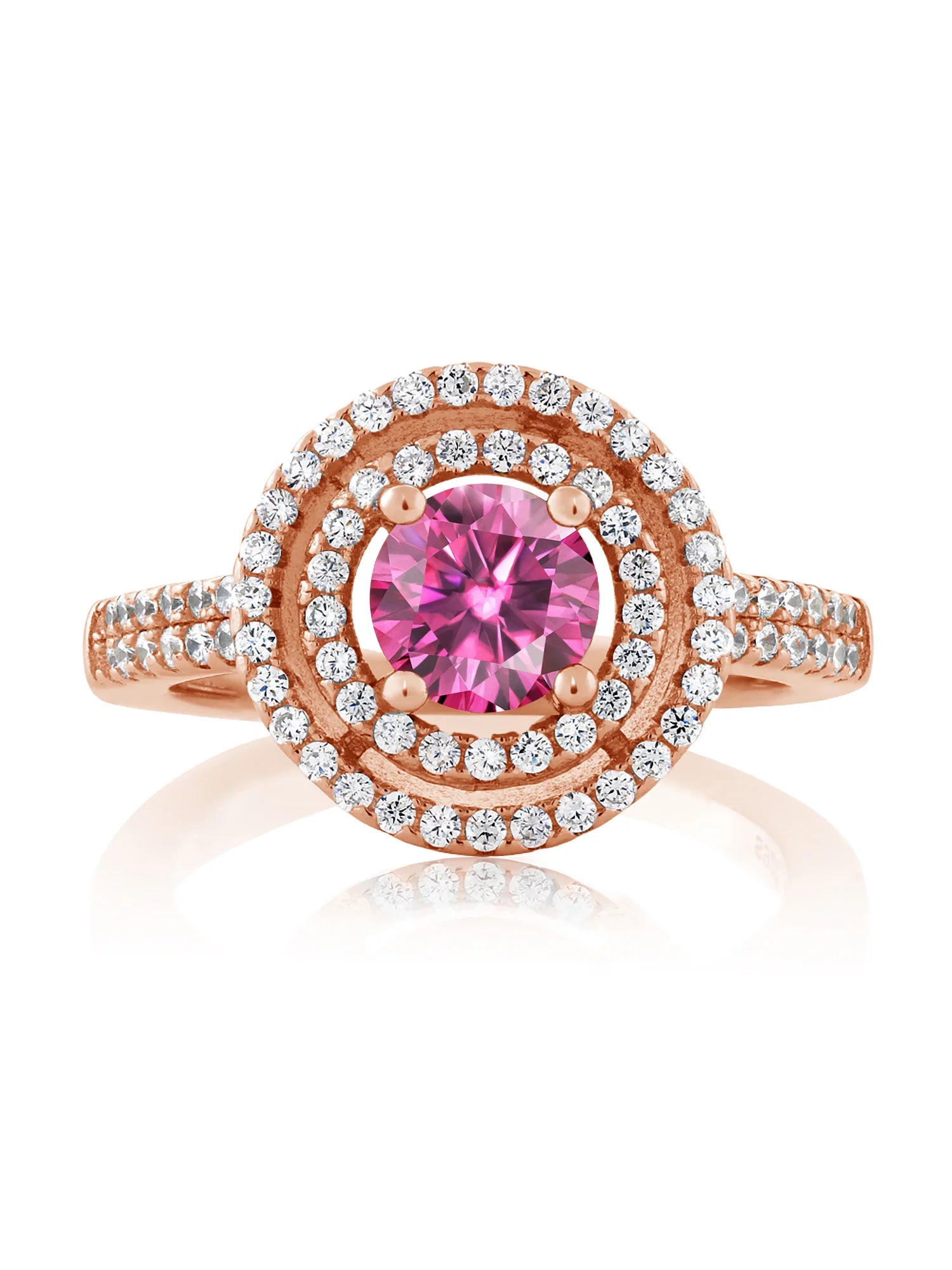 Gem Stone King 18K Rose Gold Plated Silver Ring Round Pink Moissanite (1.76 Cttw)