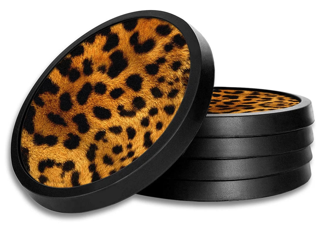 Silicone Non-Slip Drink Coasters with Removable Printed Absorbent Felt Pad - Set of 4 - Orange Leopard