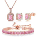 Paris Jewelry 18K Rose Gold Created Pink Sapphire Princess Halo Pendant Necklace. Earrings and Tennis Bracelet Jewelry Set Plated