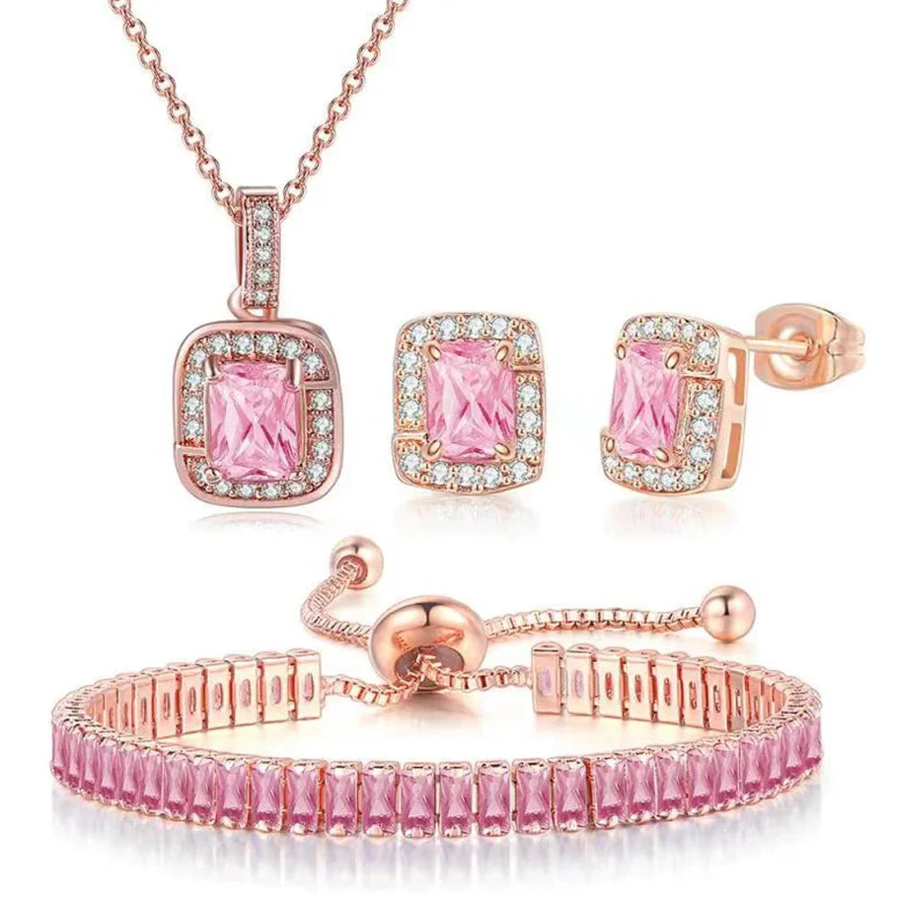Paris Jewelry 18K Rose Gold Created Pink Sapphire Princess Halo Pendant Necklace. Earrings and Tennis Bracelet Jewelry Set Plated