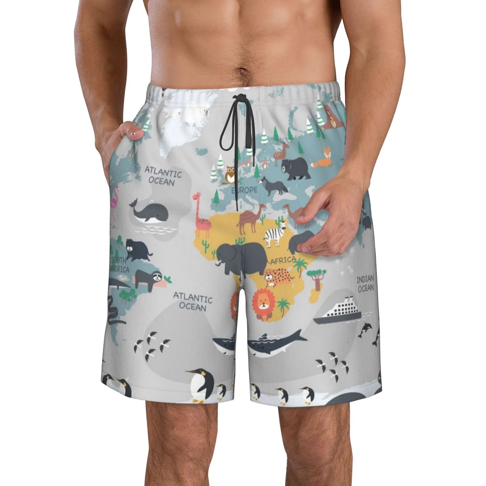 Kll The World Map With Cartoon Animals Men'S Casual Summer Beach Shorts Hawaiian Shorts With Pockets-Small