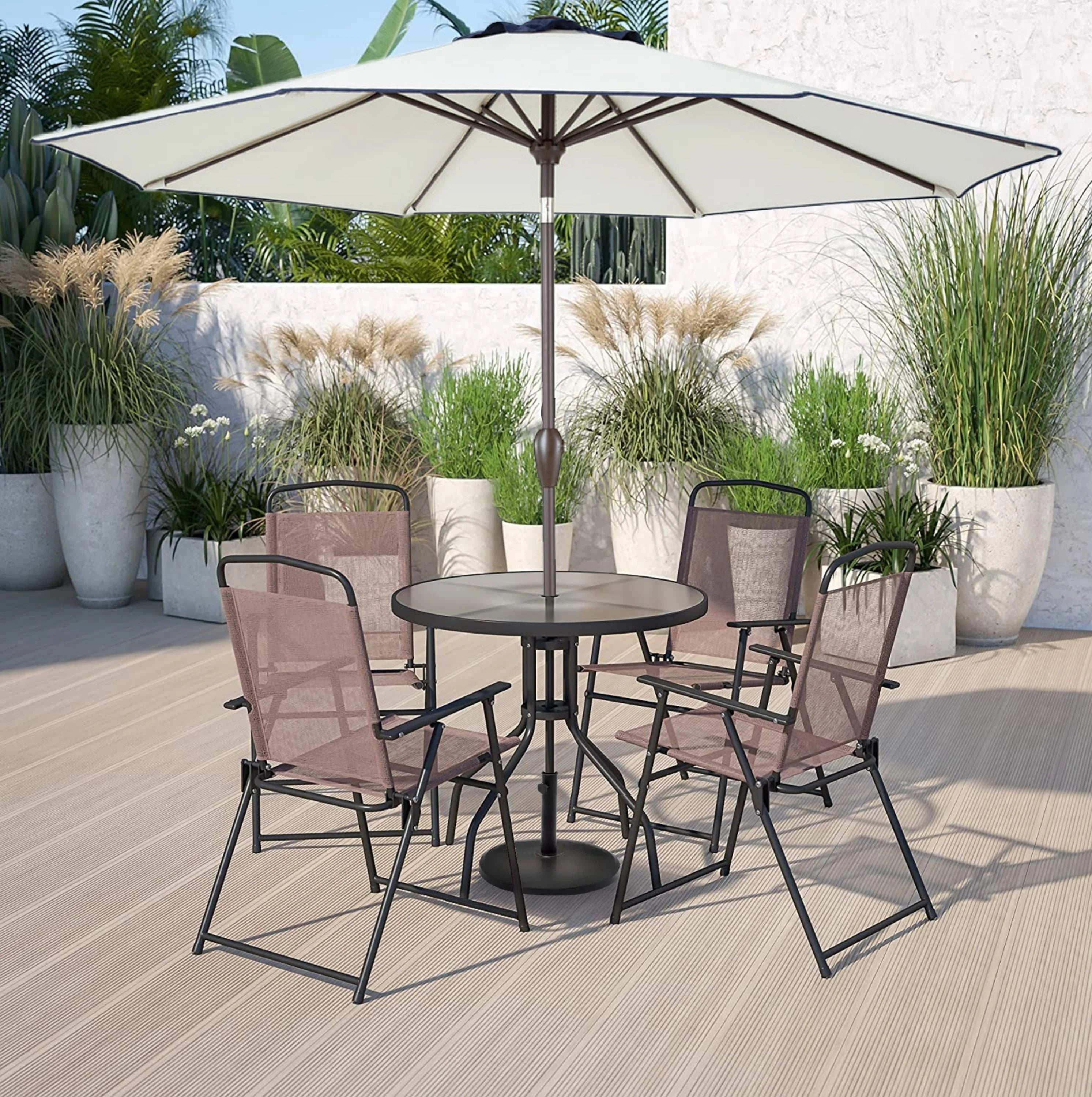 POLYTEAK Outdoor Umbrella, 9FT Beige Navy 2 Tone, Push Button Tilt with Crank, 100% Polyester, Outside Patio Table Umbrellas (9 Feet, Beige Navy)