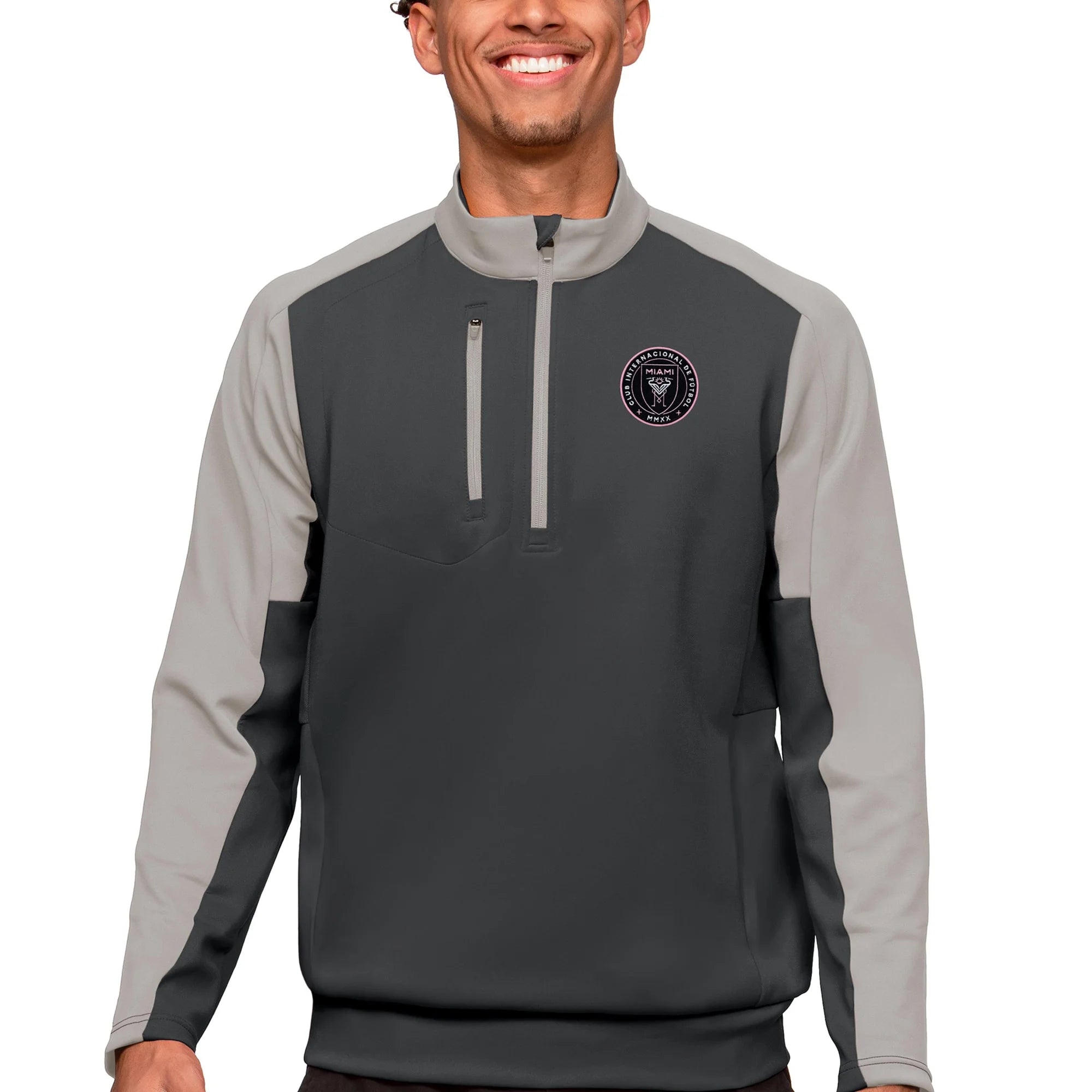Men's Antigua Charcoal/Silver Inter Miami CF Primary Team Logo Team Quarter-Zip Pullover Top