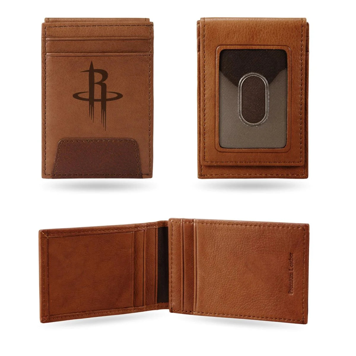Houston Basketball Rockets Brown Leather Front Pocket Slim Money Clip Wallet