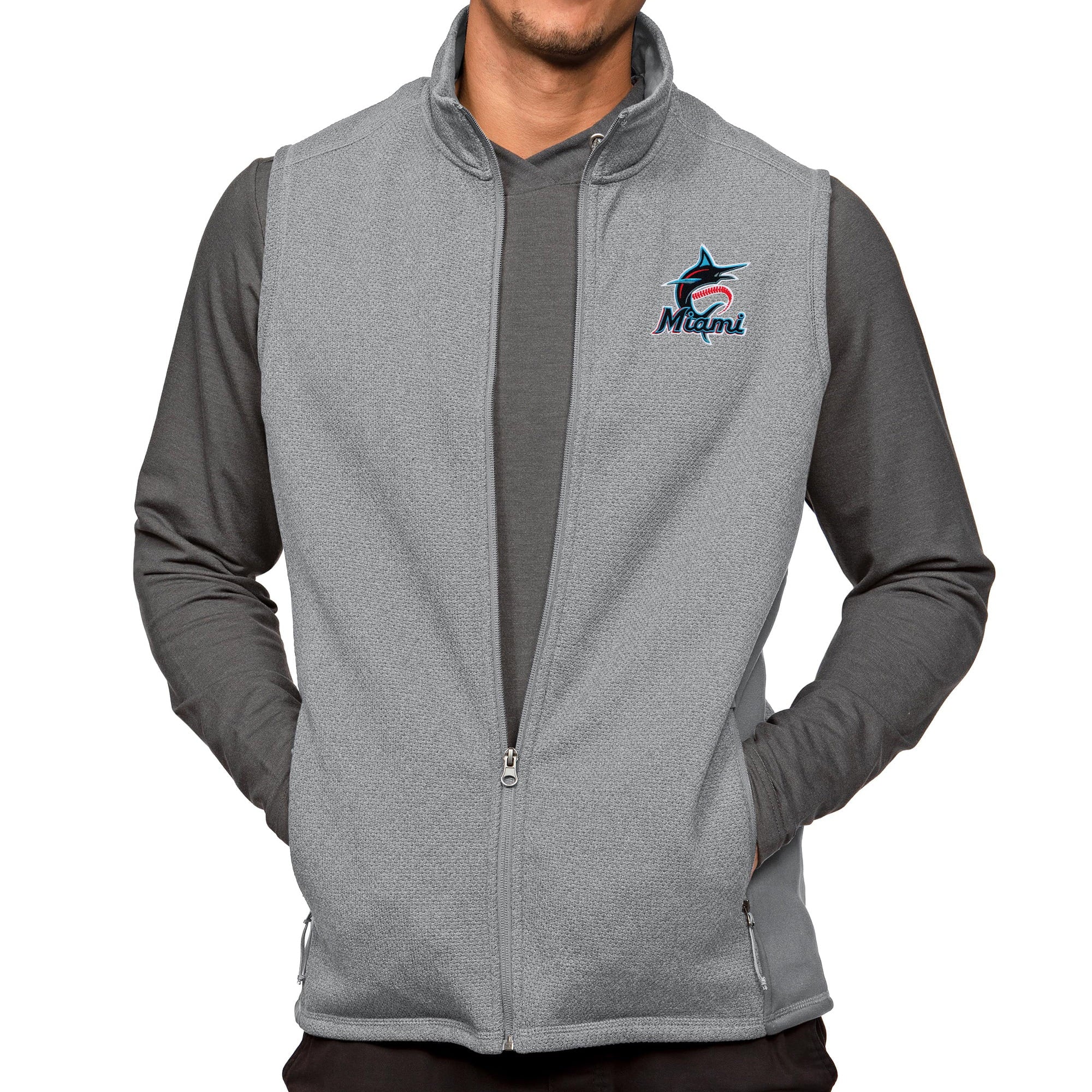 Men's Antigua Heathered Gray Miami Marlins Course Full-Zip Vest