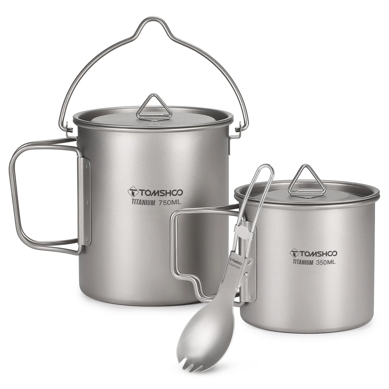 Lightweight Titanium 3 Pieces Set Titanium 750ml Pot 350ml Cup Mug with Lid Collapsible Handle Folding Spork for Camping Hiking Backpacking