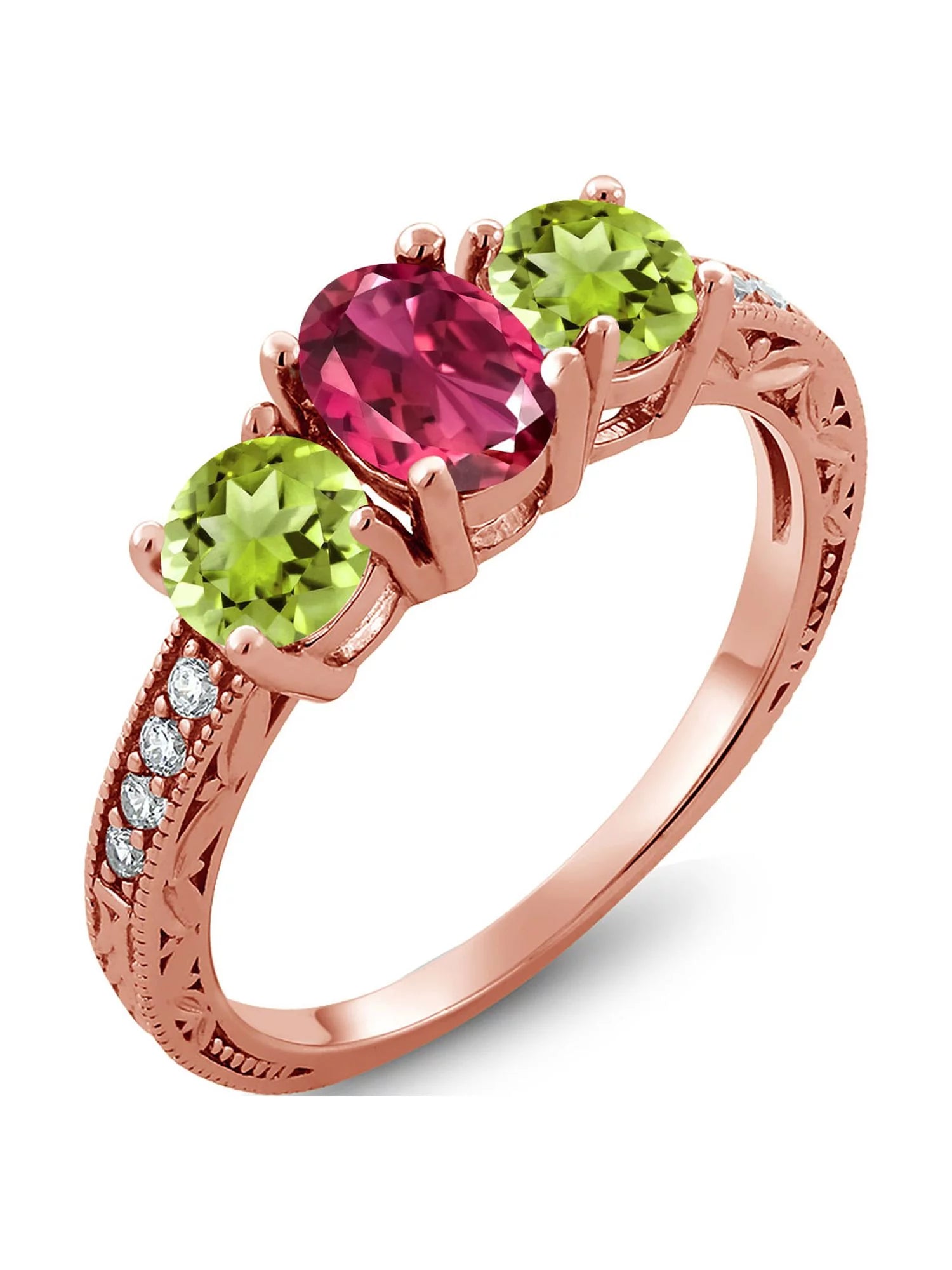 Gem Stone King 2.07 Ct Oval Pink Tourmaline Green Peridot 18K Rose Gold Plated Silver Moissanite Ring